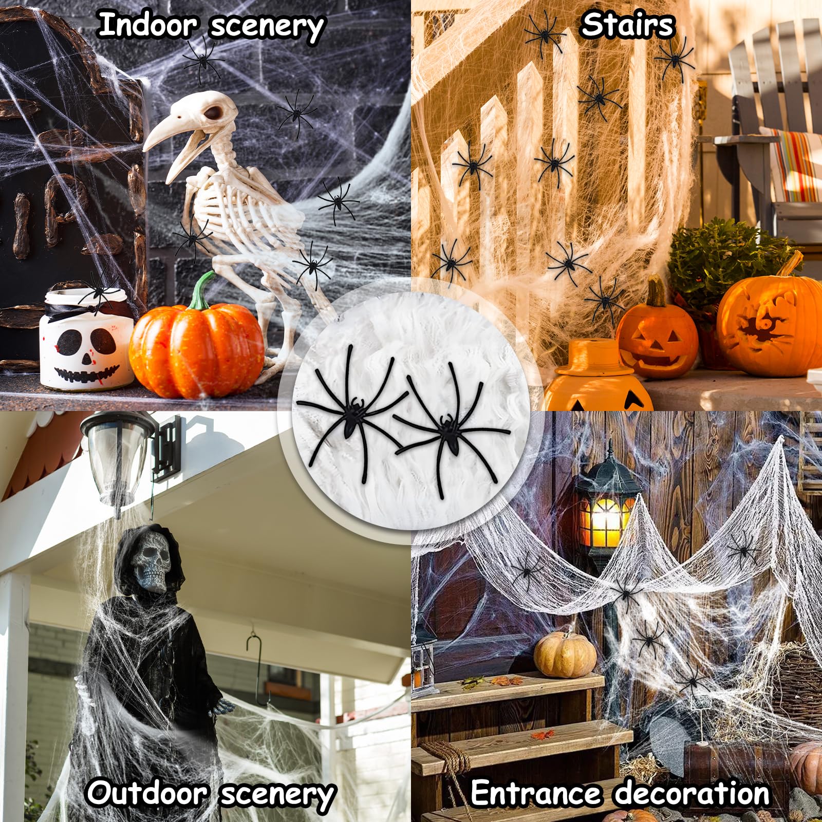 Dekoracyjna Pajęczyna na Halloween, 300 g, Biała, Do Użytku Wewnątrz i Na Zewnątrz, z 50 Czarnymi Pająkami z Horroru, 1500 m², Straszna Dekoracja