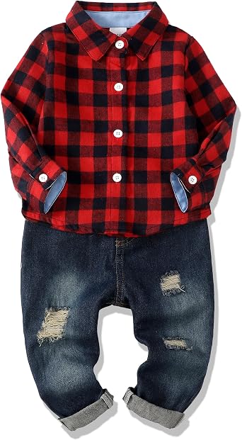 XUANHAO Baby Boy Clothes Toddler Boys Outfits Plaid Shirt Jeans Sets 12M-5T