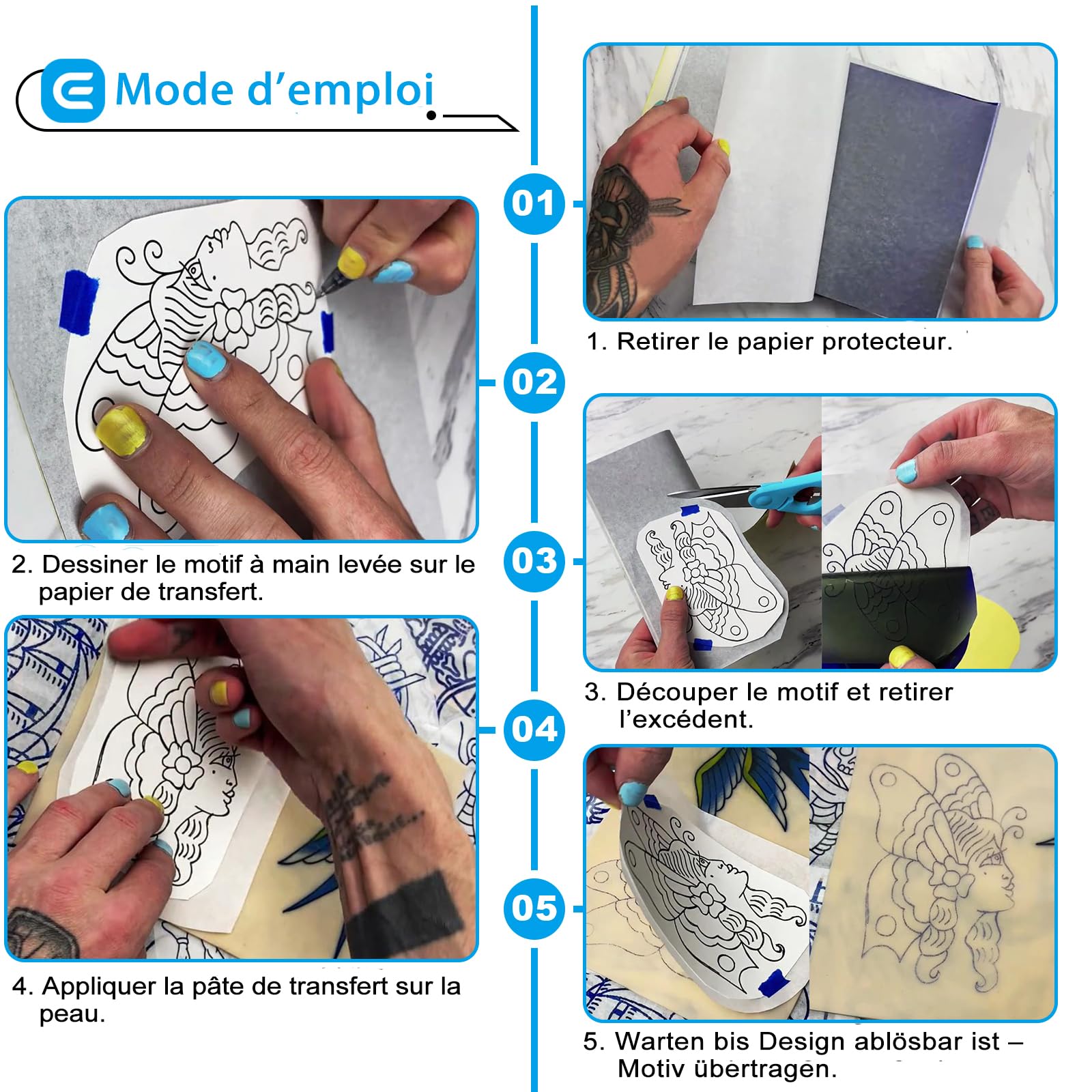 EMALLA INKDOT 100 Feuilles Papier Transfert Tatouage Stencil Stuff Transfert pour Thermocopieur Tatouage Imprimante