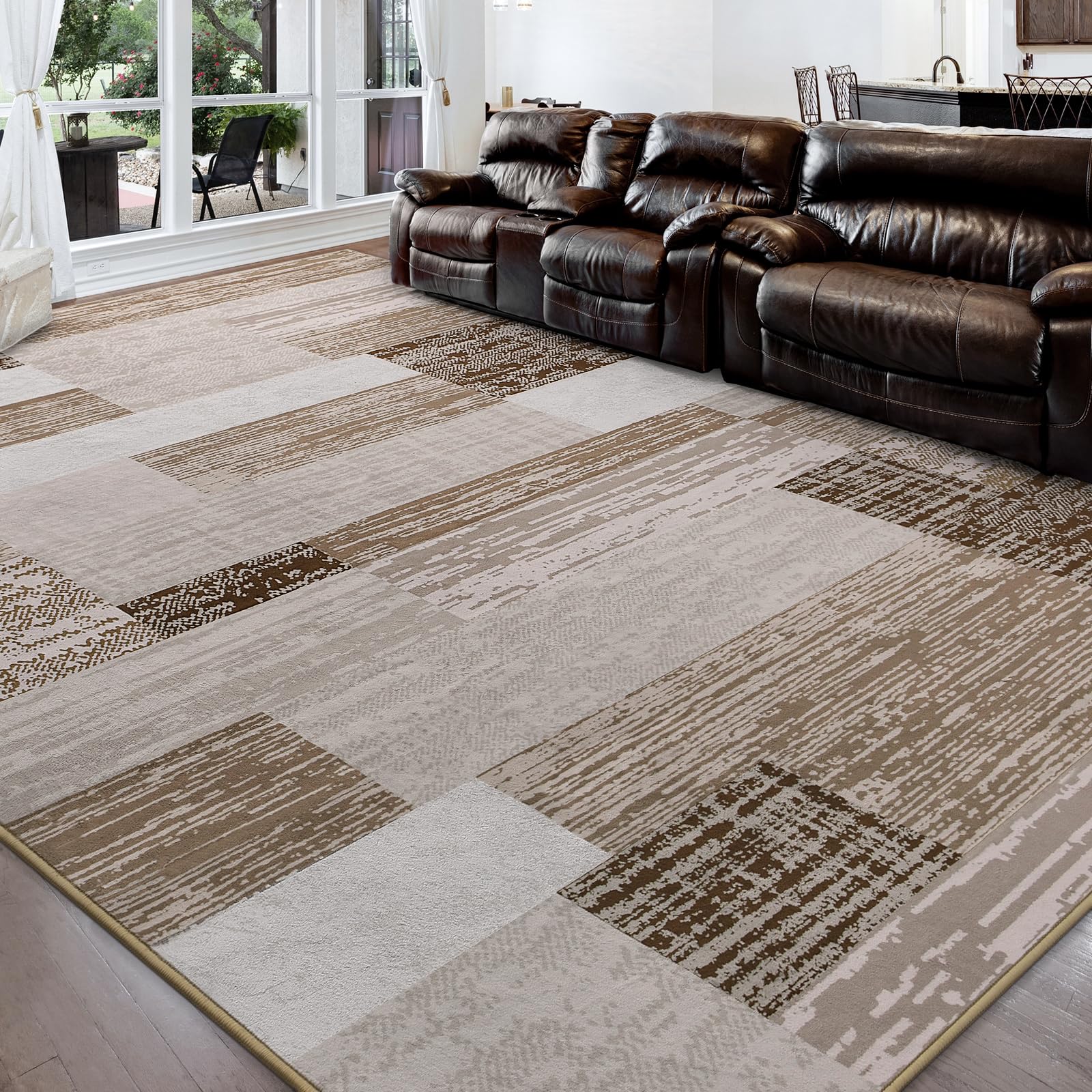 FlyDOIT Modern Geometric Patchwork Area Rug, 8x10 Beige Large Rugs for Living Room, Rockwood Collection Indoor Rugs for Bedroom, Throw Carpet Floor