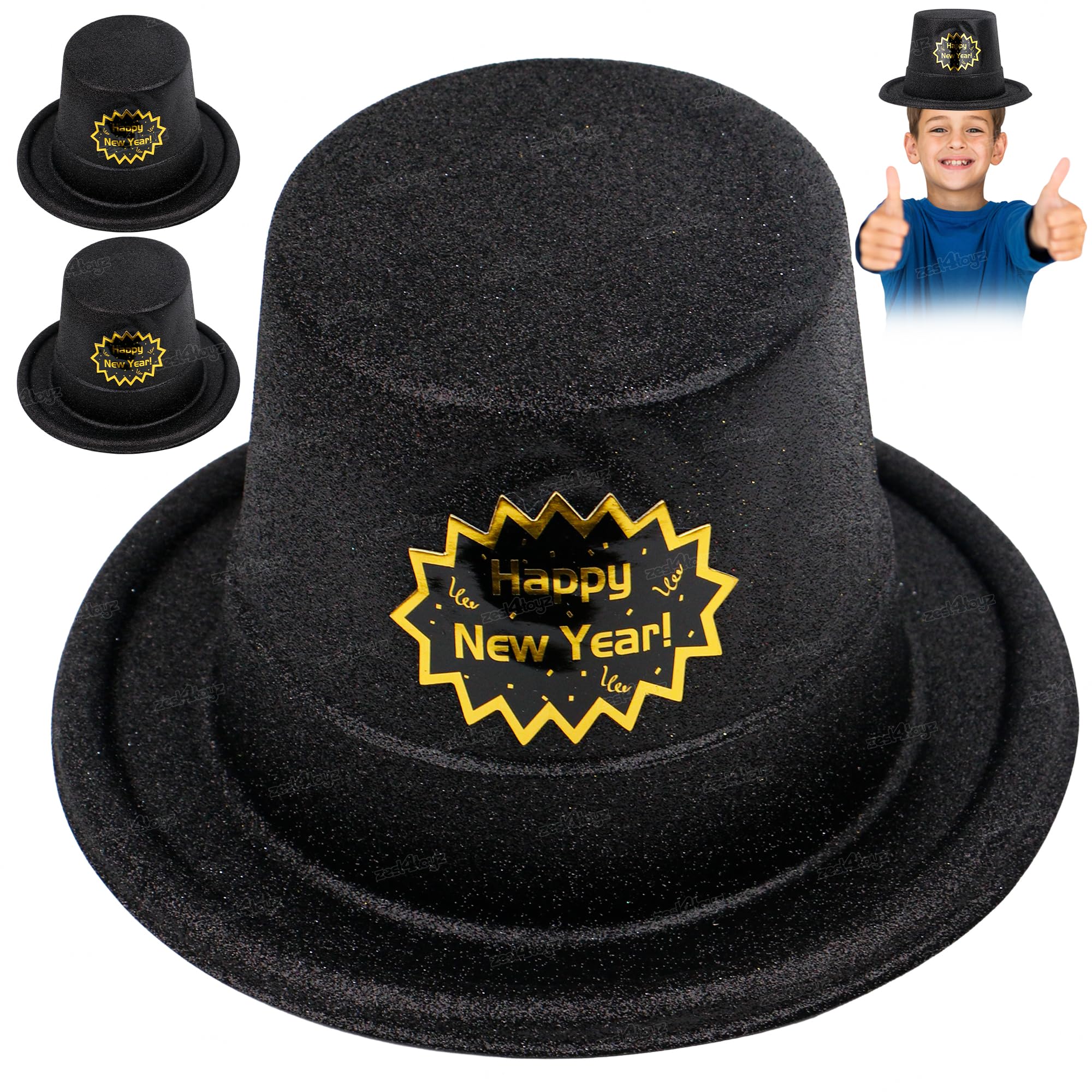 Zest 4 Toyz Happy New Year Top Hat Glitter Golden Black New Year Tophats for New Year Party Photobooth Props (Pack of 2)