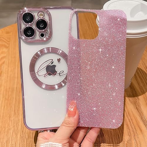 Miniatura 9 de MGQILING Funda magnética con purpurina compatible con iPhone 13 Pro, 6.1 pulgadas, funda transparente chapada en patrón de corazón de amor,
