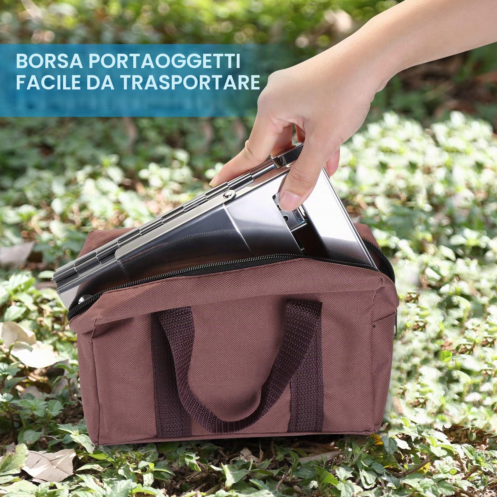 WADEO Stufa a Legna Portatile da Campeggio, Con Sega a Corda e Borsa Portaoggetti, Pieghevole in Acciaio Inox, Piccola Stufa a Legna per Escursioni, Barbecue, Grill, Zaino in Spalla, Viaggi, Picnic