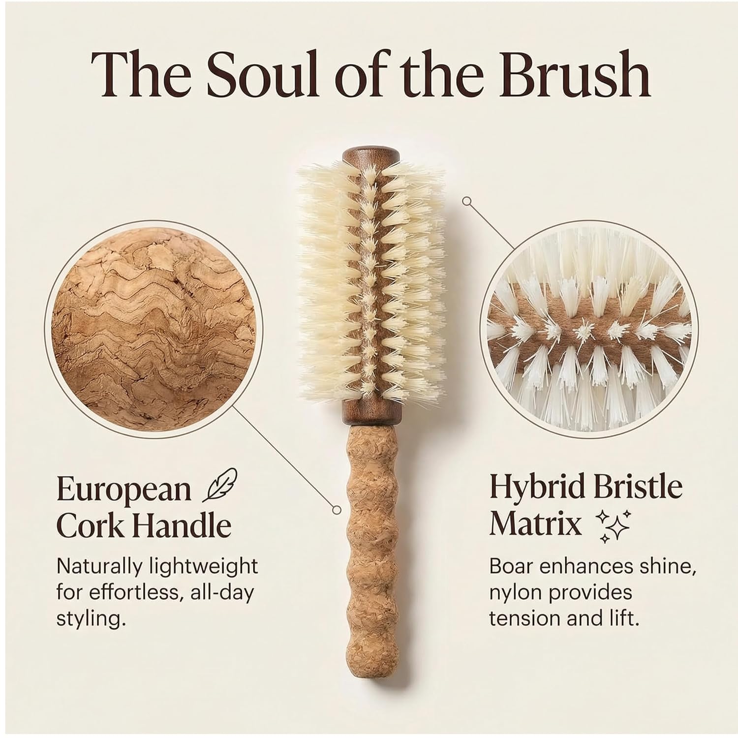 Boar Bristle Round Brush for Blow Drying Fine Thin Hair - 2.75 Inch Large Wooden Barrel with Nylon Pins and Cork Handle - Volumizing Blowout Brush for Women with Thinning or Color-Treated Hair - Image 2