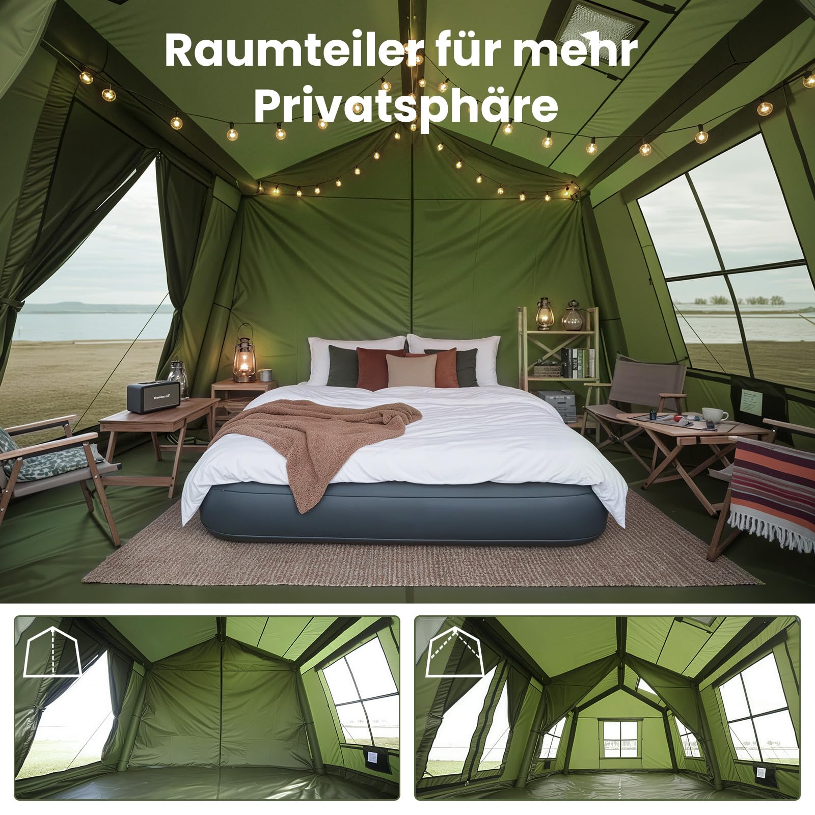 Ytaoeo Aufblasbares Zelt für 8-10 Personen Outdoor Camping Zelt mit Kaminöffnung Vordach Aufblasbares Campingzelt aus Wasserdichtem Oxford-Stoff Air Glamping Zelte