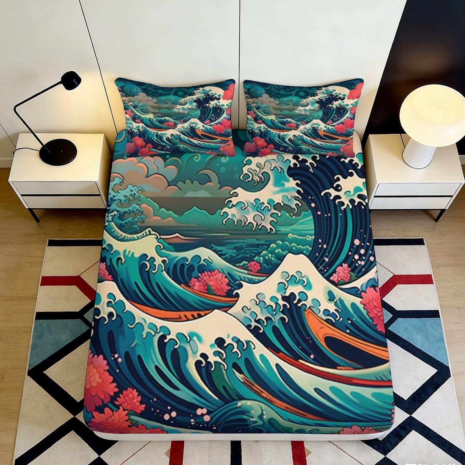 3D Printed Ocean Wave Fitted Sheet Microfiber Artistic Japanese Great Wave Mattress Cover for Bedroom Guest Room Decor 90x200x25cm