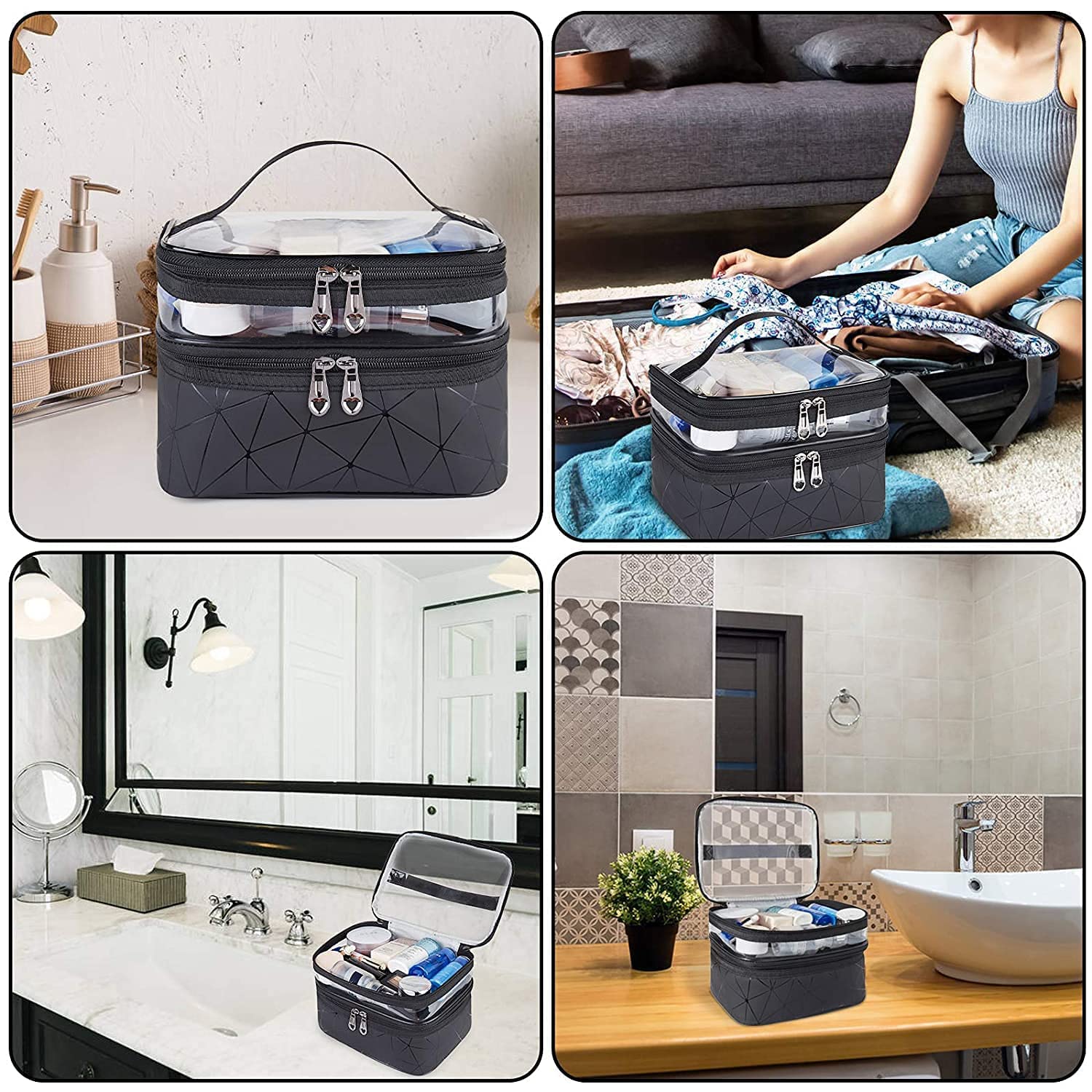 Viulvuk Luxury Double Layer Makeup Pouches for Women | Premium Cosmetic Bags for Girls | Toiletry Kit Pouch with Brush Holder | Travel Wash Bag and inner ware storage organizer - Black Diamond 4