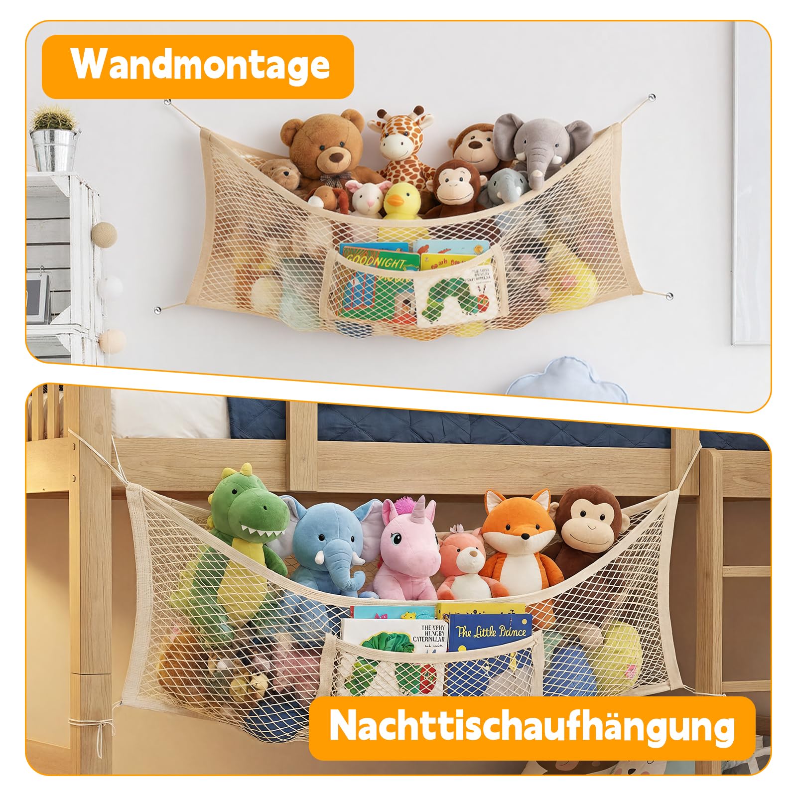 Meetory Rete per animali di peluche – 2 pezzi sul lato del letto, organizer in tessuto Boho macramè, da appendere, in cotone elastico, per cameretta dei bambini, camera da letto
