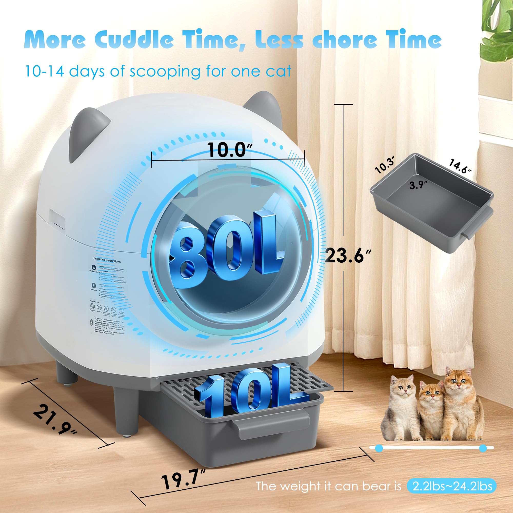 Automatic Cat Litter Box, Self Cleaning Litter Box with APP Control for Multiple Cats, Large Robot Kitty Litter Box with Safety Sensors, Odor Removal, 2 Roll Garbage Bags, 90L Cat Ears Design - image 2