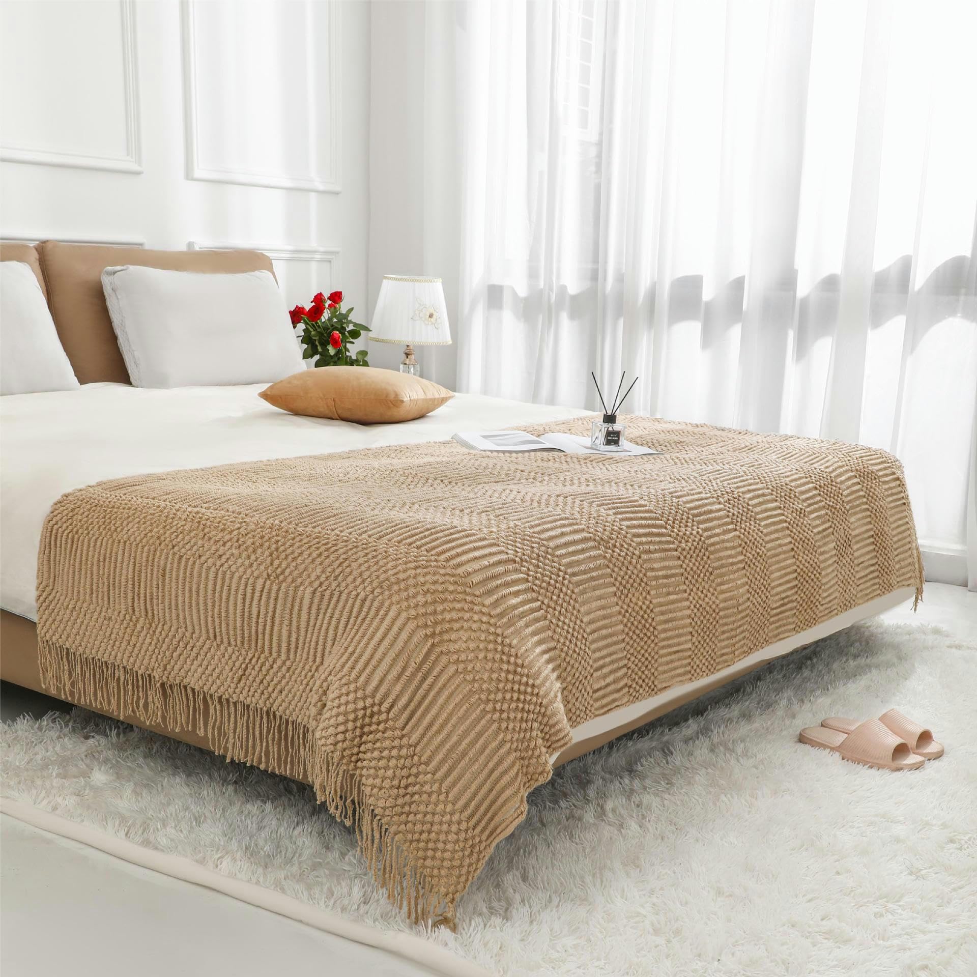 Grobgestricktes Bettläufer- und Schal-Set, weich und warm, gestreiftes Design für Hotel, Schlafzimmer, Gelb, 130 x 220 cm