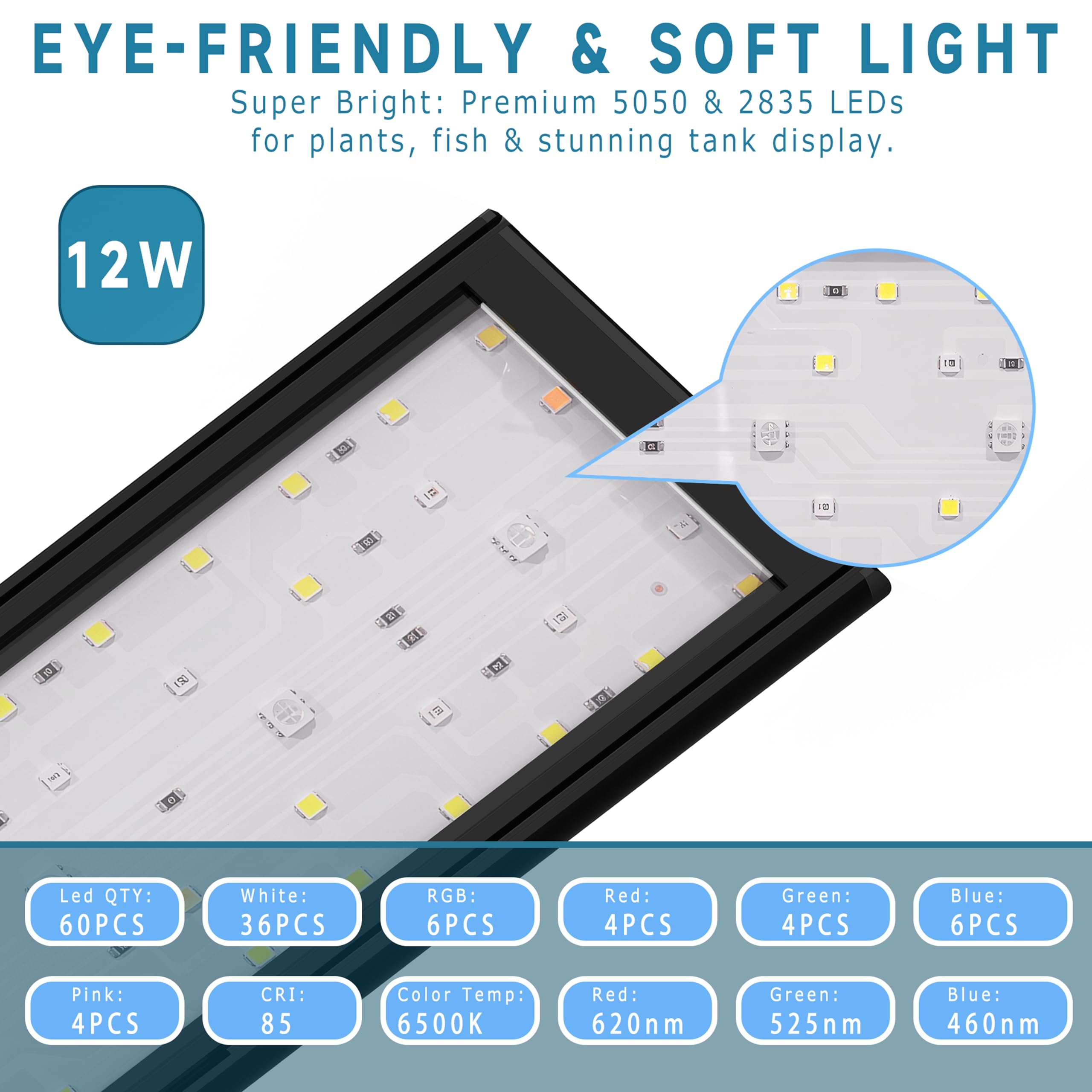 Luz LED para acuario, modo 24/7 IP68 para plantas, luz de tanque de peces de espectro completo, 12-18 pulgadas, luz de sol, luz de luna, luz blanca azul, rojo, verde, rosa con soportes