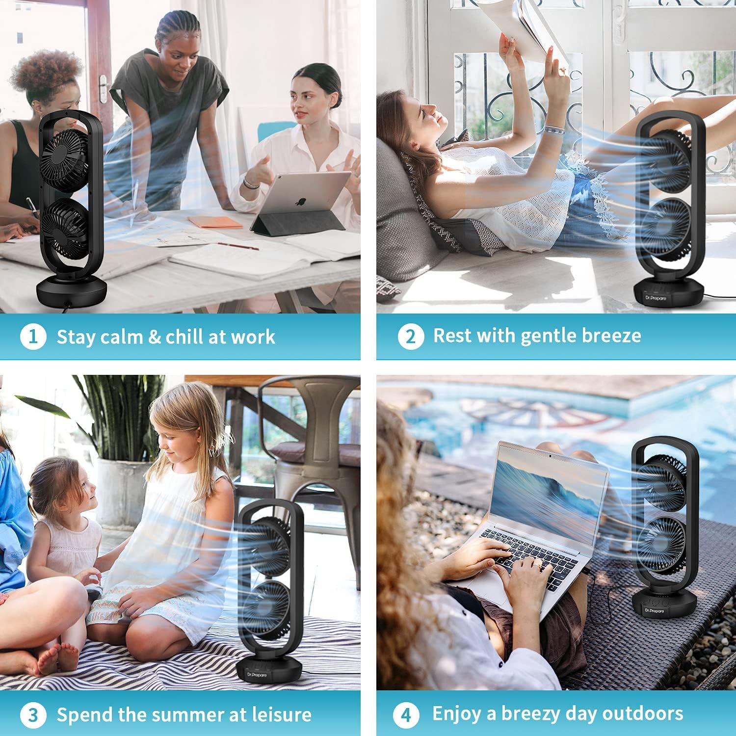 DR.PREPARE Ventilateur Colonne Silencieux Ventilateur Tour de Table avec Inclinaison à 270°, Oscillation 105°, 3 Vitesses, Ventilateur de Bureau USB Portable pour Chambre à Coucher, Bureau, Camping