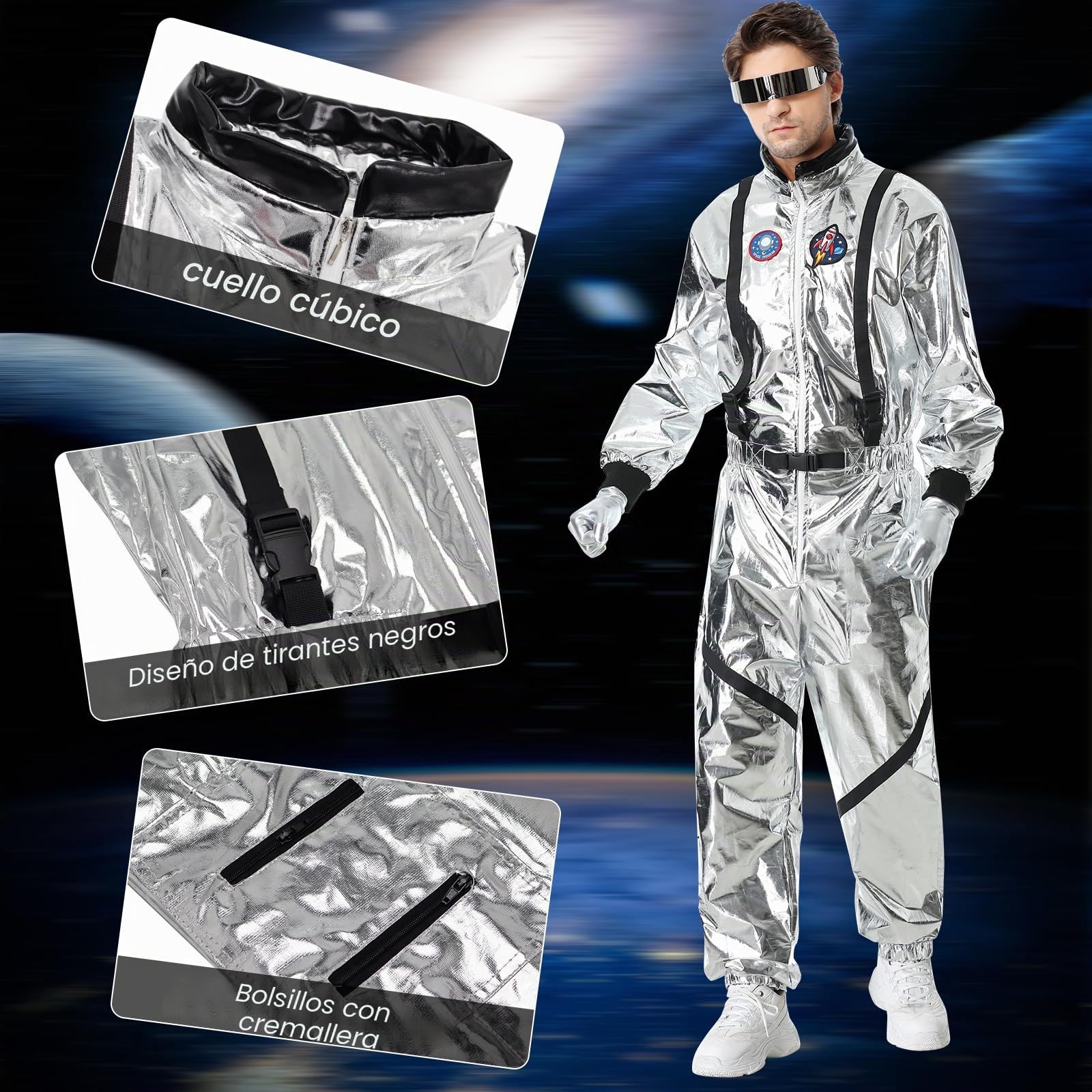 Astronauta Disfraz Adulto, Astronauta Plateado Hombre Carnaval para Cosplay