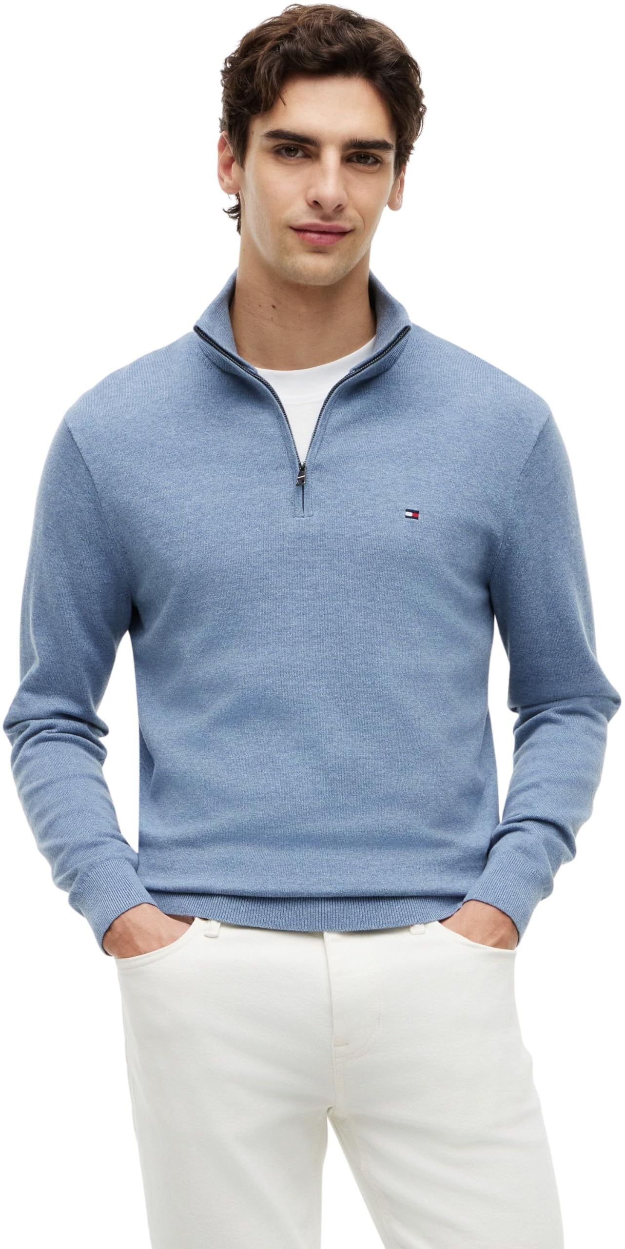 Tommy Hilfiger Men's Essential Cotton Zip Mock Mw0Mw37331 Half Zip Sweater, Blue (Brisk Blue Heather), XXL