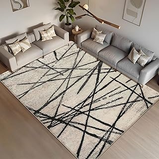 Teppich Wohnzimmer Moderner Künstlerischer Teppiche Waschbar Kurzflor rutschfest Orientteppiche Raummatte (Beige/Gestreift Schwarz, 200 x 250 cm)