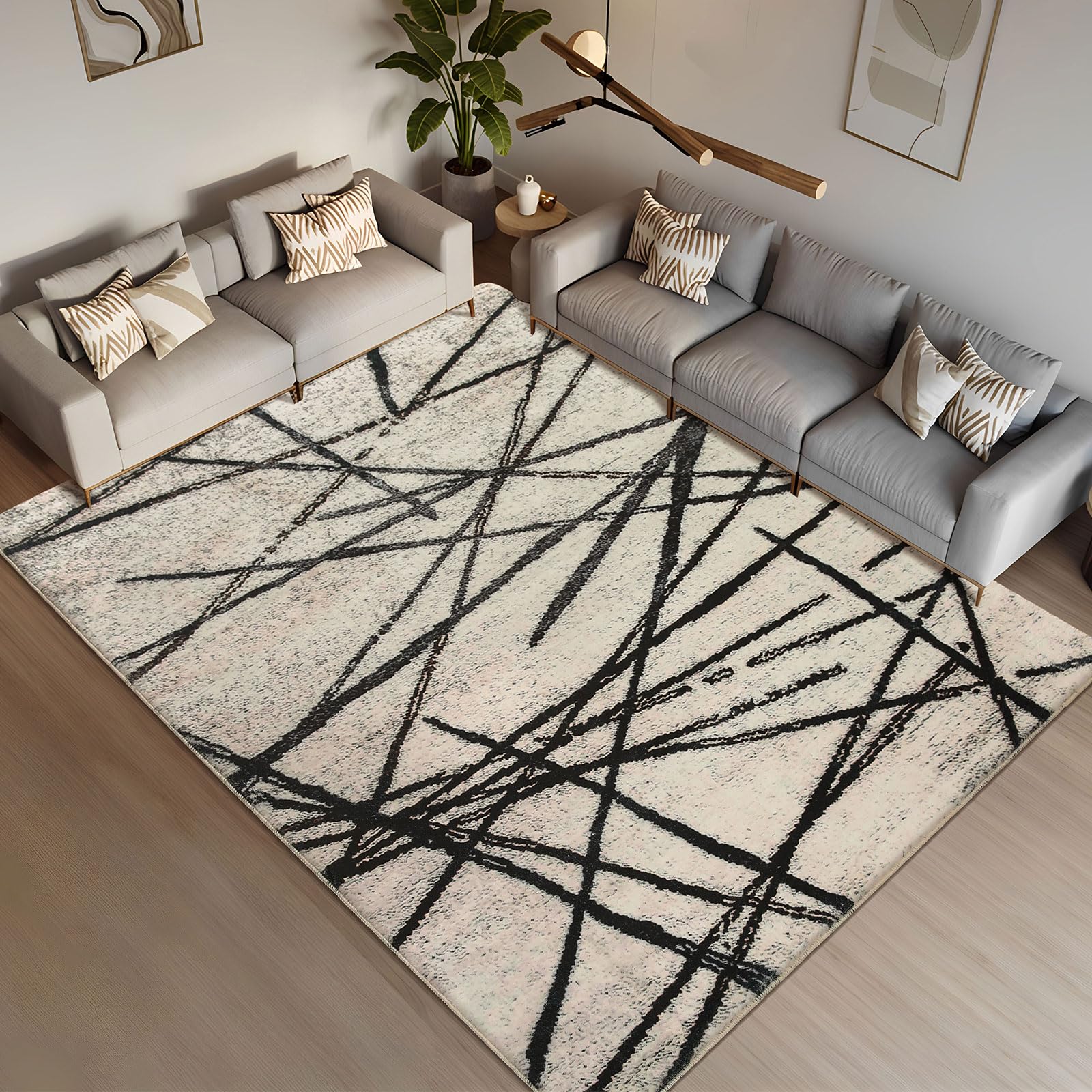 Tappeto Salotto Moderno a Pelo Corto Antiscivolo Quadro Astratto Oriental Tappeto per Soggiorno,Camera Da Letto (Beige/A righe Nero, 200 x 250 cm)