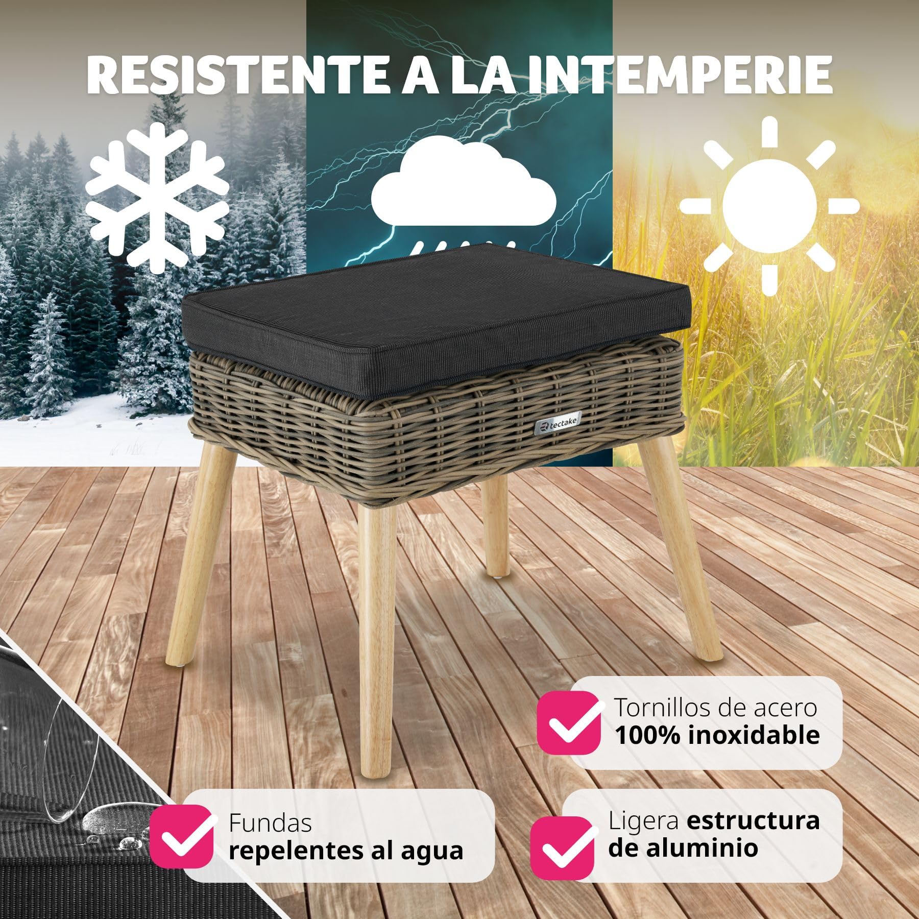 TecTake® Reposapies Salon de Ratán Sintético, Estructura de Aluminio, Funda Lavable, Patas de Madera Ajustables, Reposapies de Oficina, Ideal para tu Conjunto Jardin Exterior - Natural