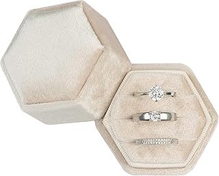 Giftop Equal Hexagon Velvet Ring Box Storage 3 Slots for Wedding Ceremony Proposal Engagement Birthday (Beige)