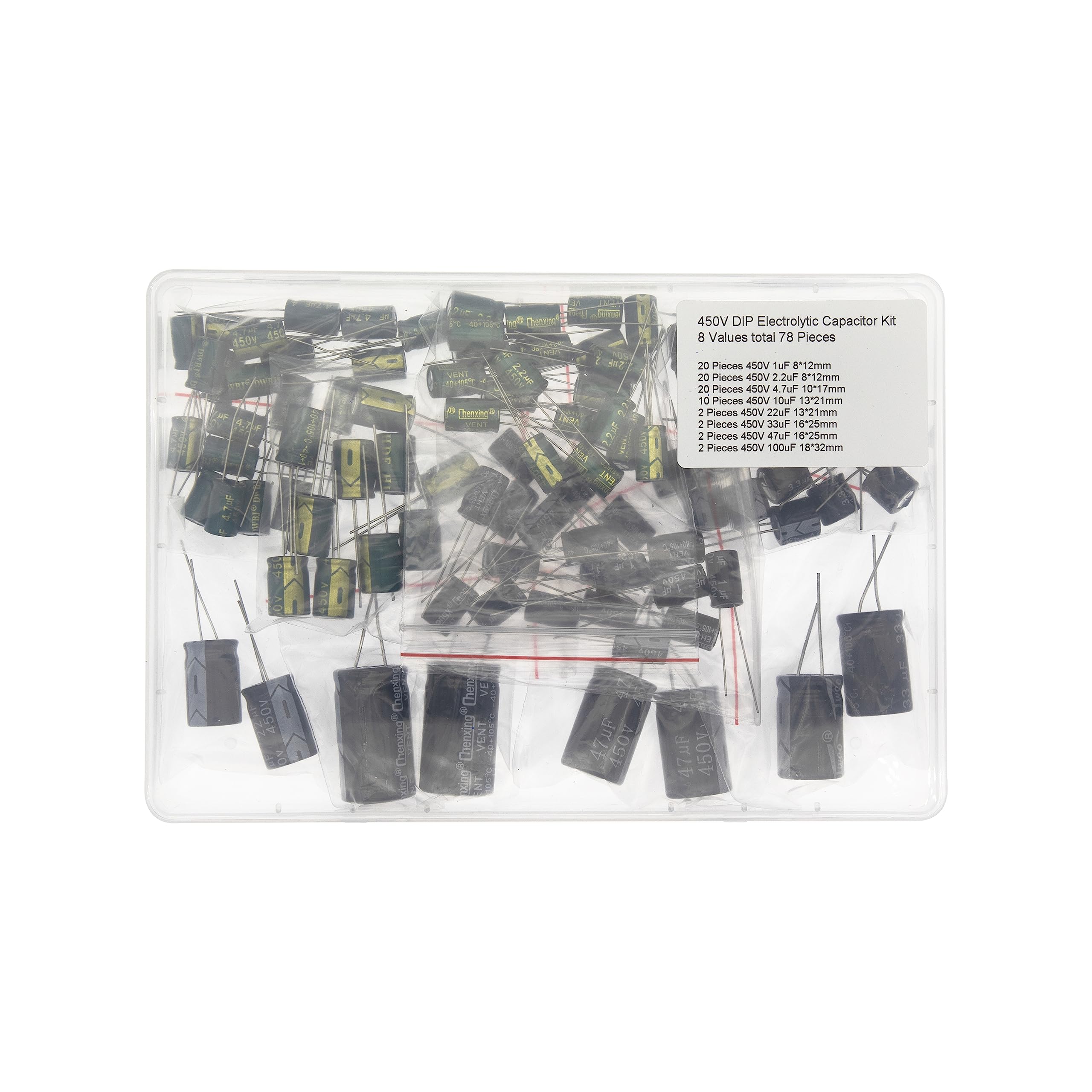 8 Values Total 78 Pieces 450V DIP Electrolytic Capacitor Kit 1uF 2.2uF 4.7uF 10uF 22uF 33uF 47uF 100uF