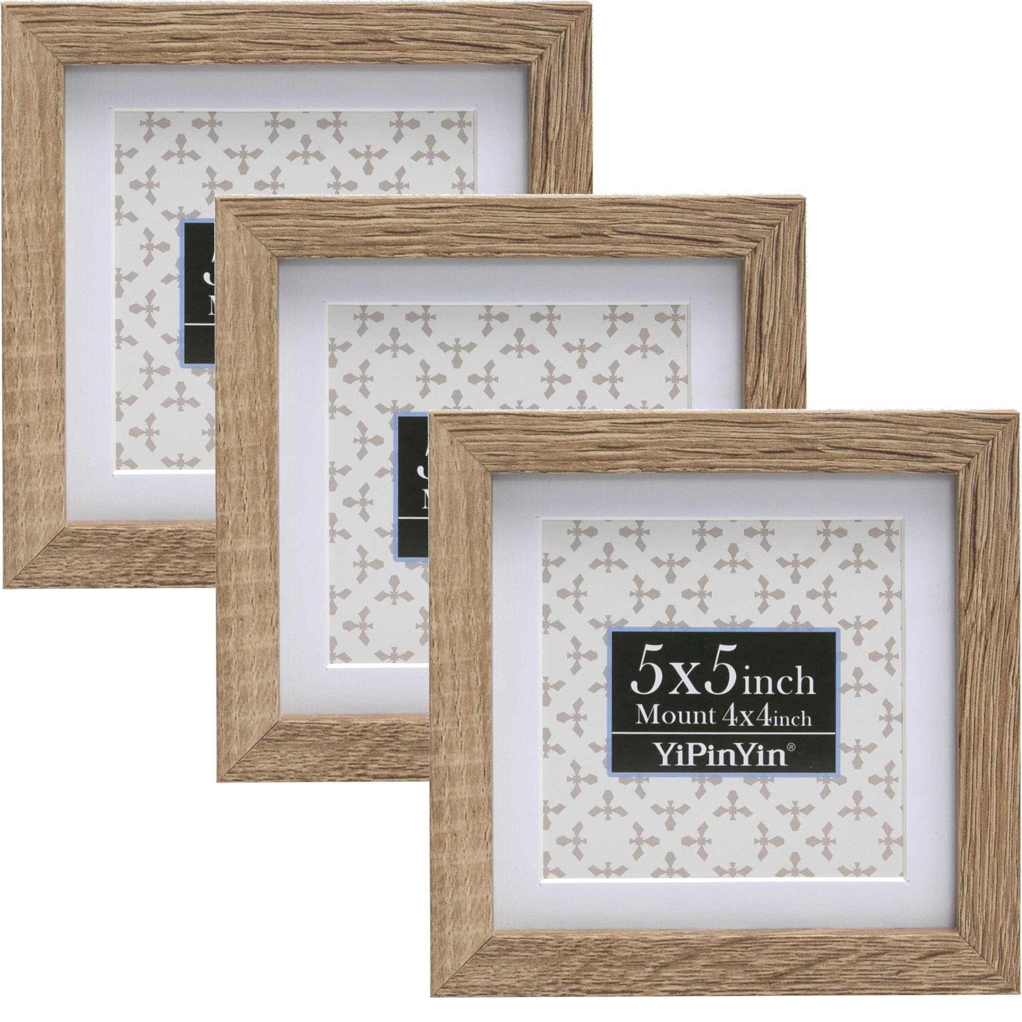 Natural Wood Effect 5x5'' Picture Frame Set of 3,with Acid Free Mount For 4x4'' Featuring Premium Acrylic Window,for Tabletop Display or Wall Mounting,An Ideal Choice for Christmas,Weddings Decor — image 1