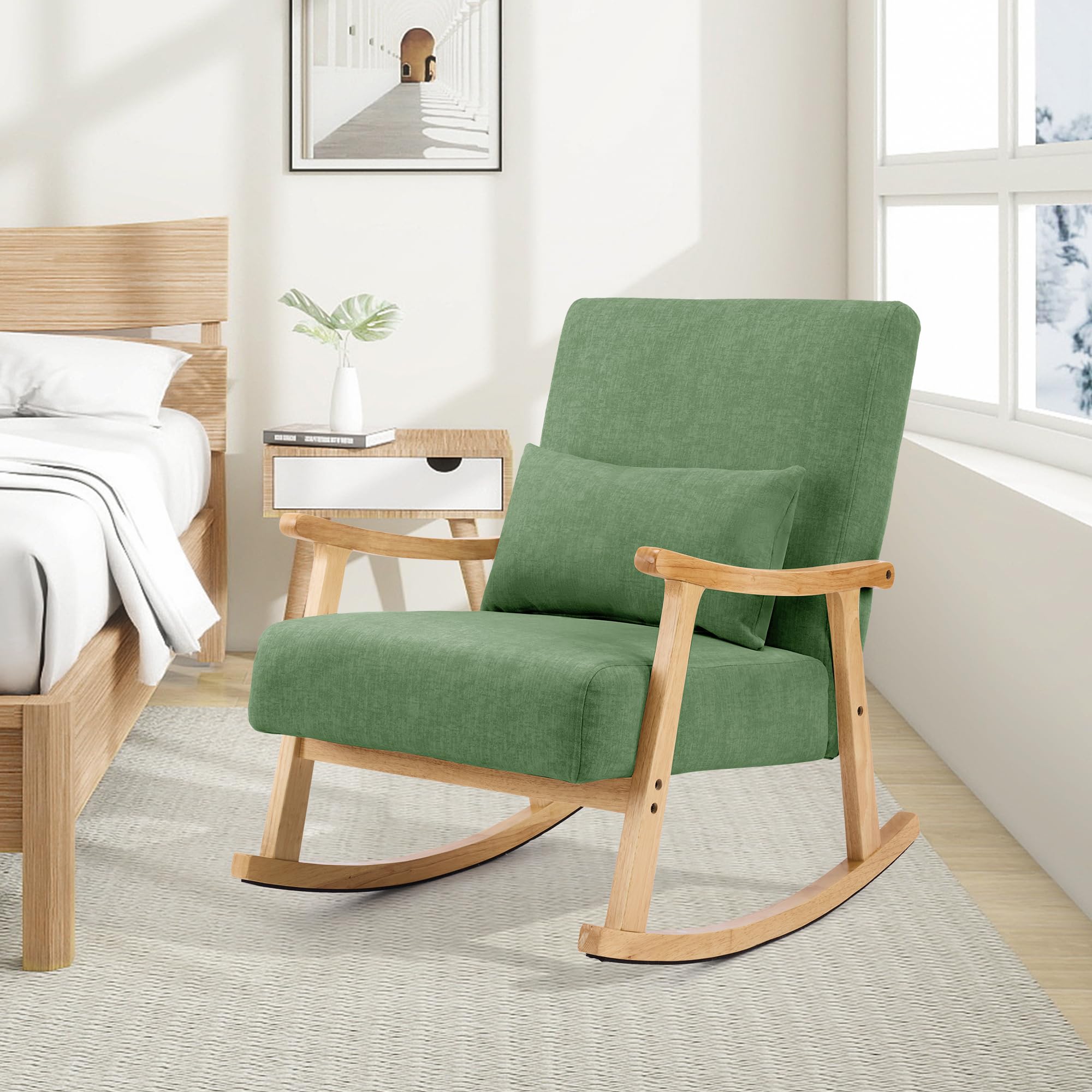 Mid-Century Modern Schaukelstuhl, Schaukelsessel mit Lendenkissen, Gepolsterter Stillsessel mit Holzarmlehnen & Holzbeinen, Bequemer Sessel für Wohnzimmer, Schlafzimmer & Babyzimmer, Grün