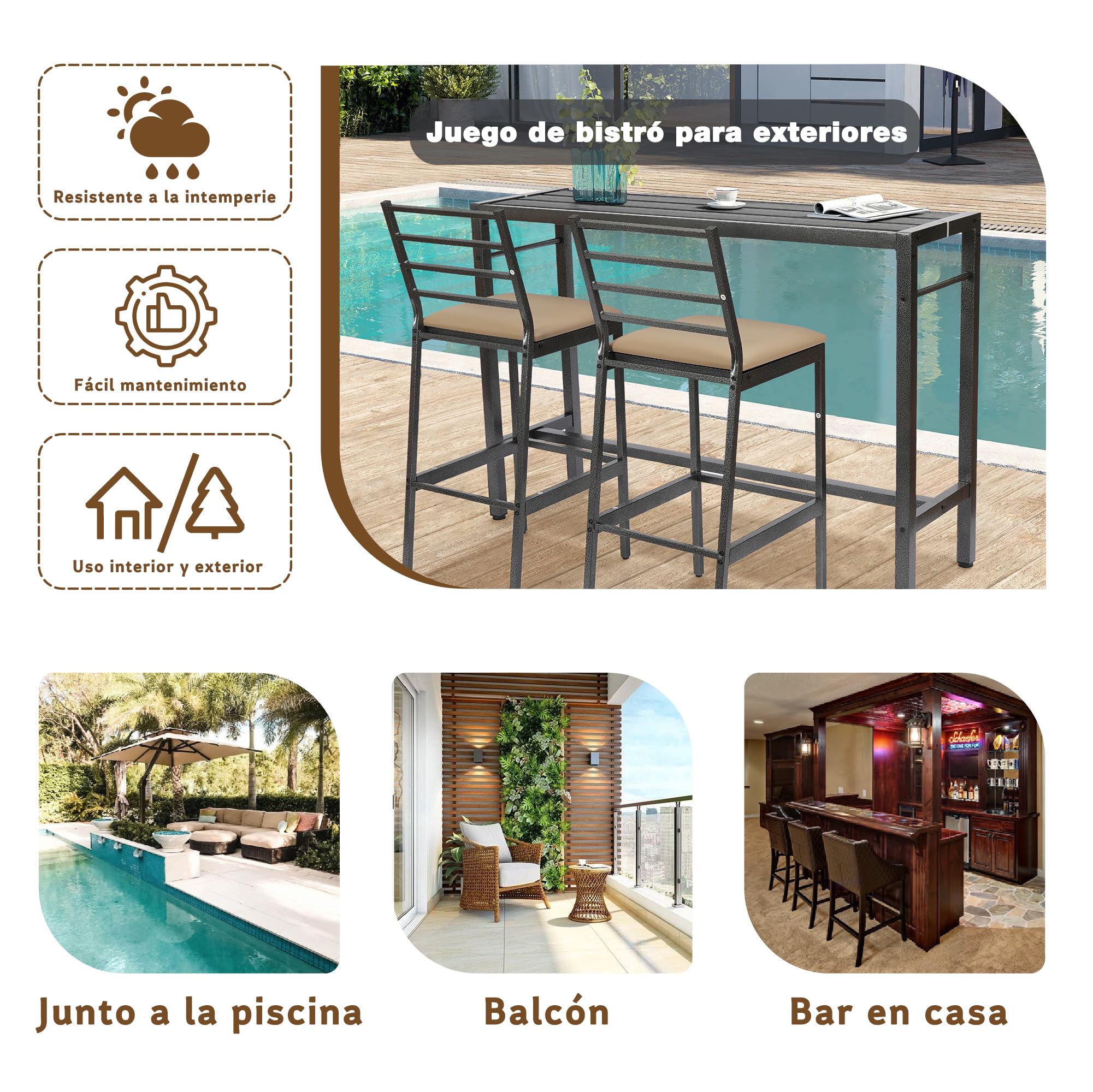 Juego de Comedor y Bar para Patio de 3 Piezas, Mesa Rectangular Resistente de 140 cm de Altura con 2 taburetes Acolchados, Mesa y sillas de Metal para Patio, Porche, bistró o balcón.