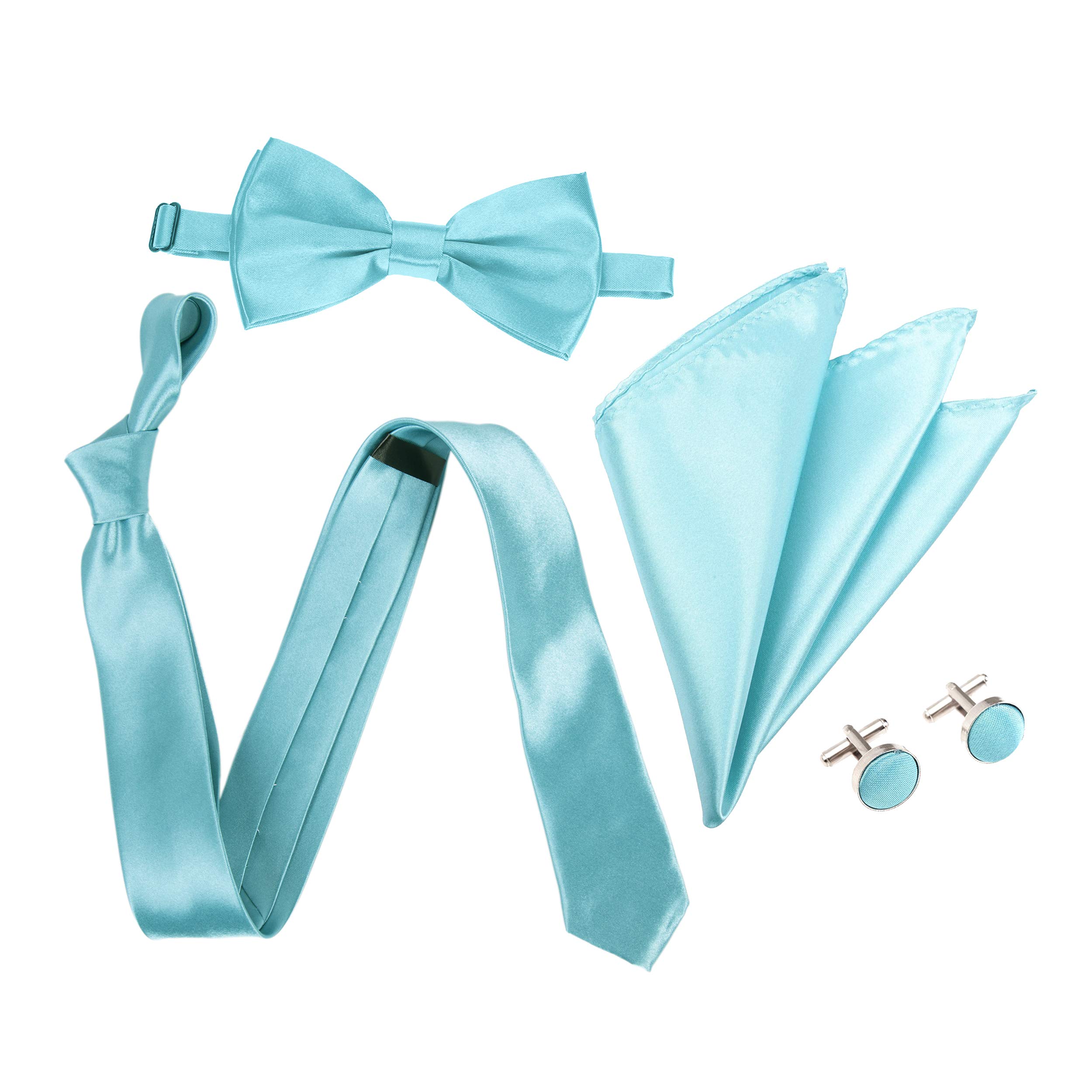 Slim 2" Satin Solid Colour Classic Plain Polyester Tie Set - Tie, Bow Tie, Handkerchief & Cufflinks (4pc) (Turquoise)
