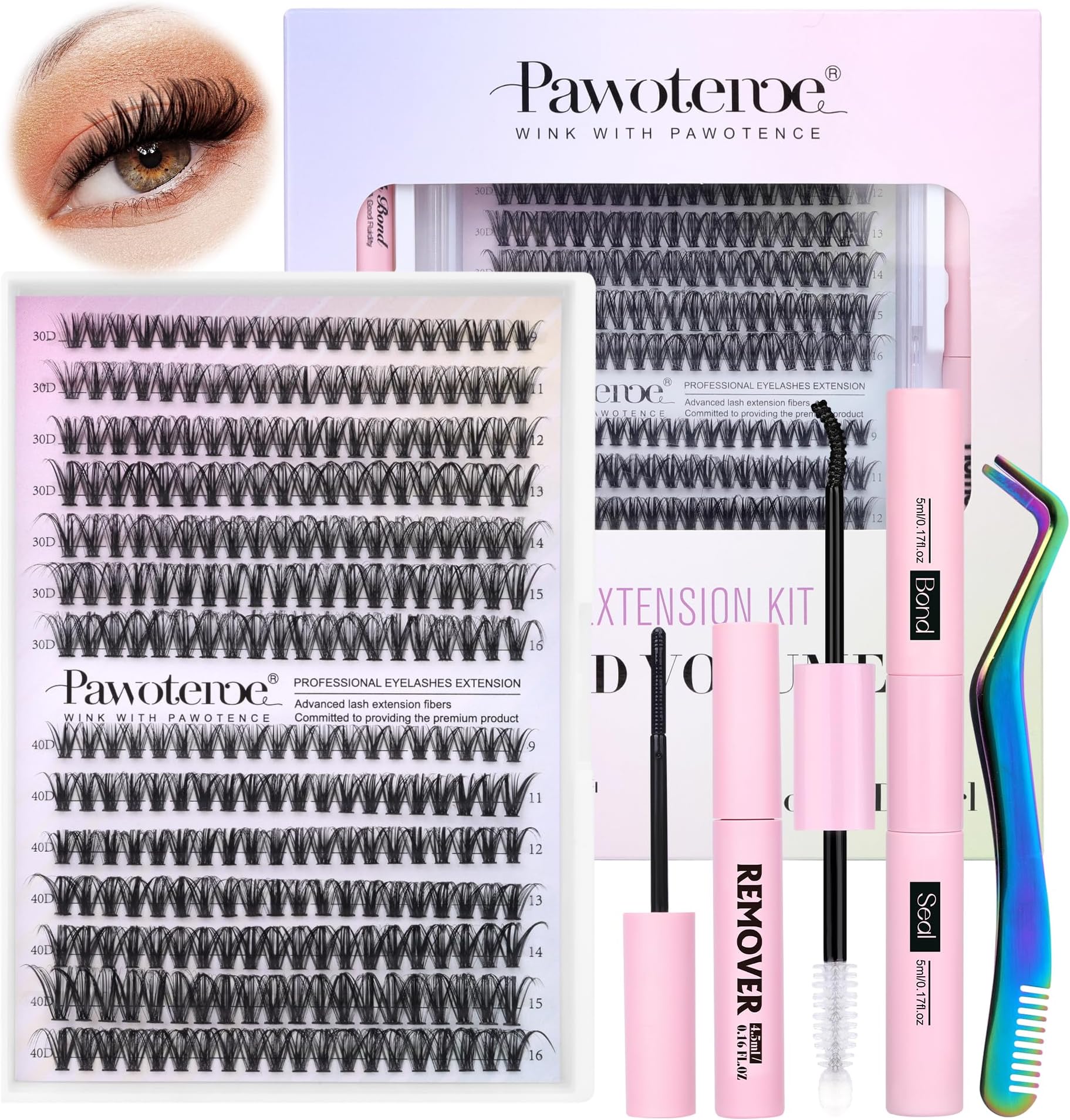 Lash Extension Kit DIY 280pcs Individual Lash Clusters Kit 30D 40D Cluster Eyelash Extensions Kit with Bond and Seal, Remover, Tweezers for Self Use (30D&40D, 9-16mm, All Kit)