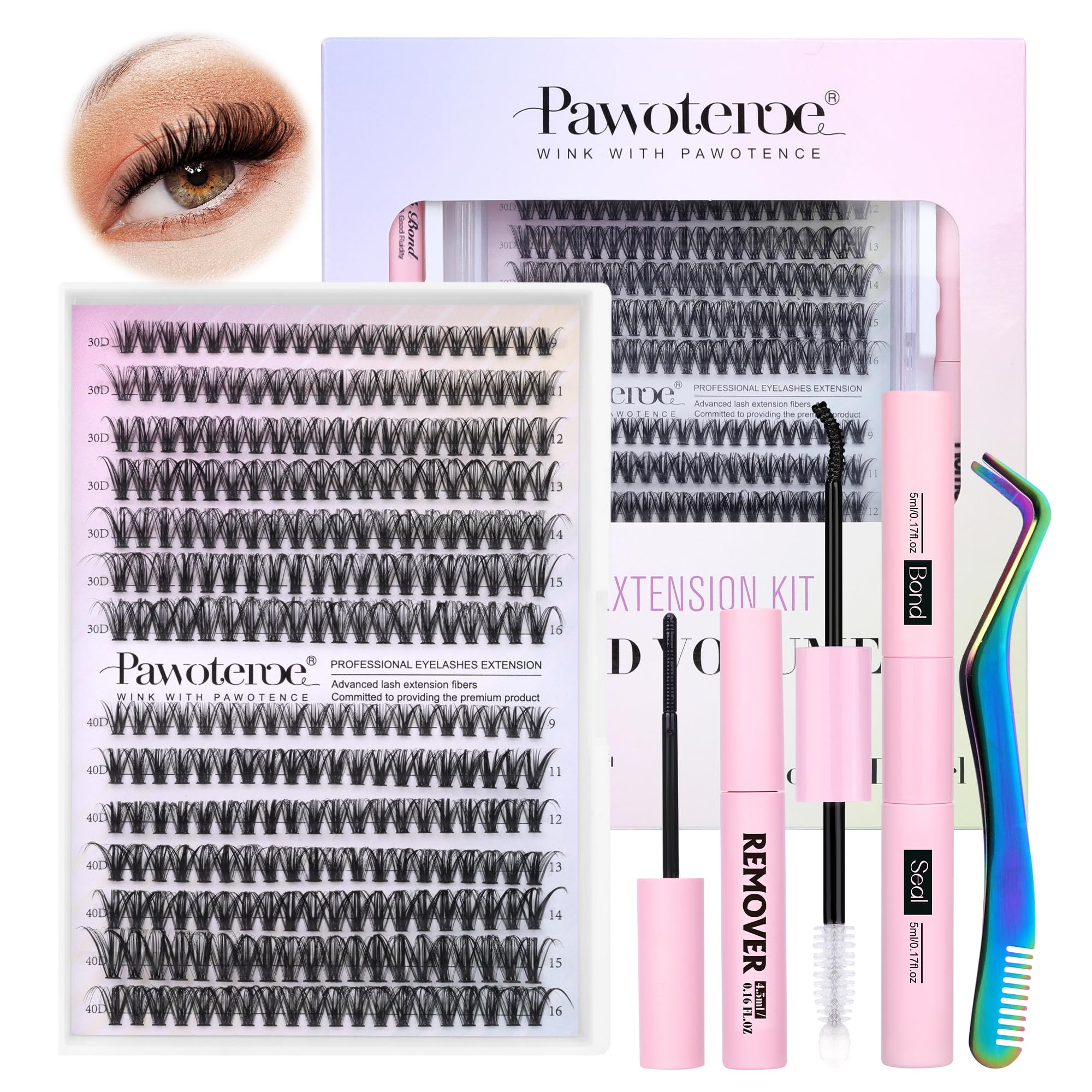 Pawotence Lash Extension Kit DIY 280pcs Individual Lash Clusters Kit 30D 40D Cluster Eyelash Extensions Kit with Bond and Seal, Remover, Tweezers for Self Use (30D&40D, 9-16mm, All Kit)