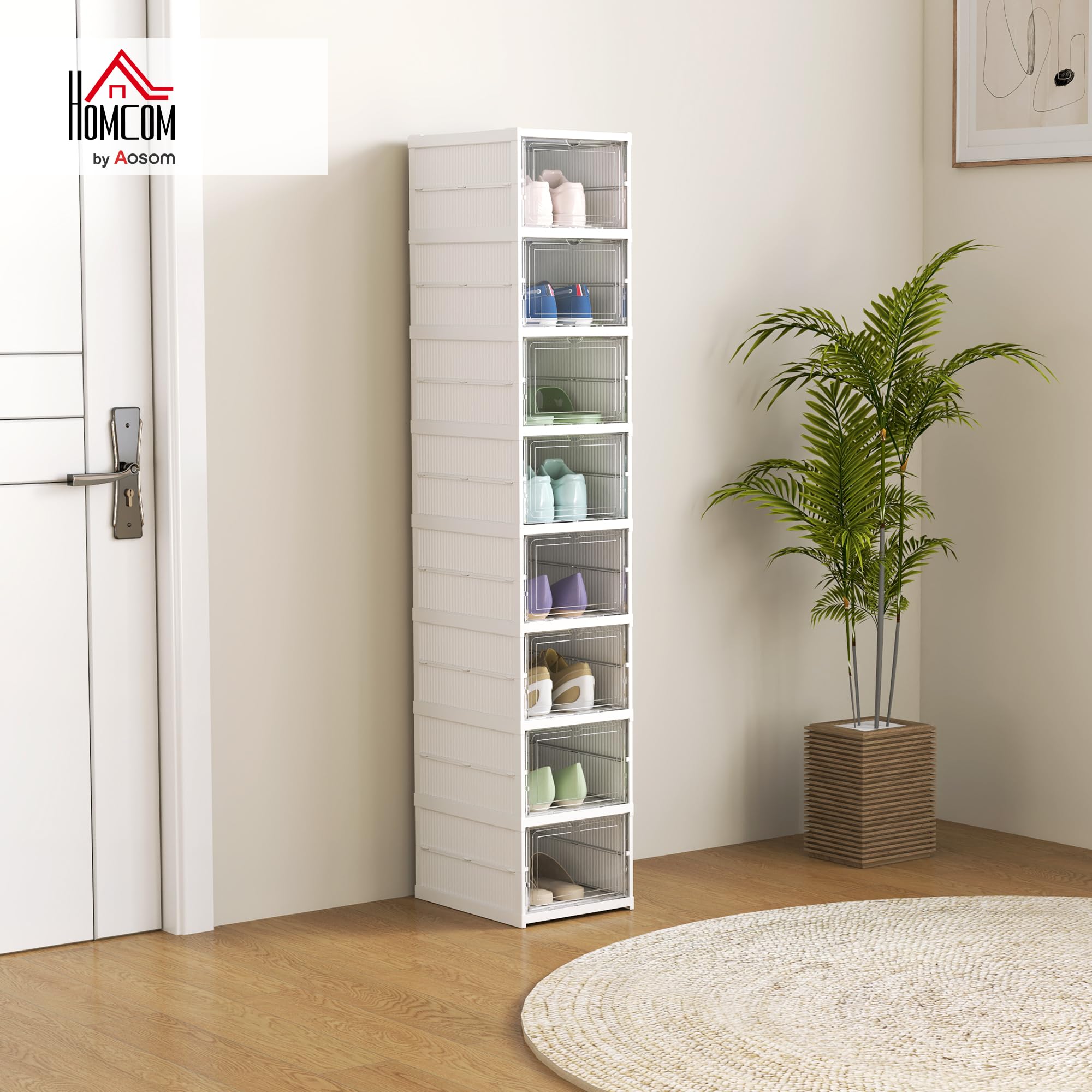 HOMCOM Cajas para Zapatos Apilables, Juego de 8 Organizadores para Zapatos Portátil, Zapatero Plegable con Puertas Transparentes, hasta Talla 43, No Requiere Montaje, Blanco