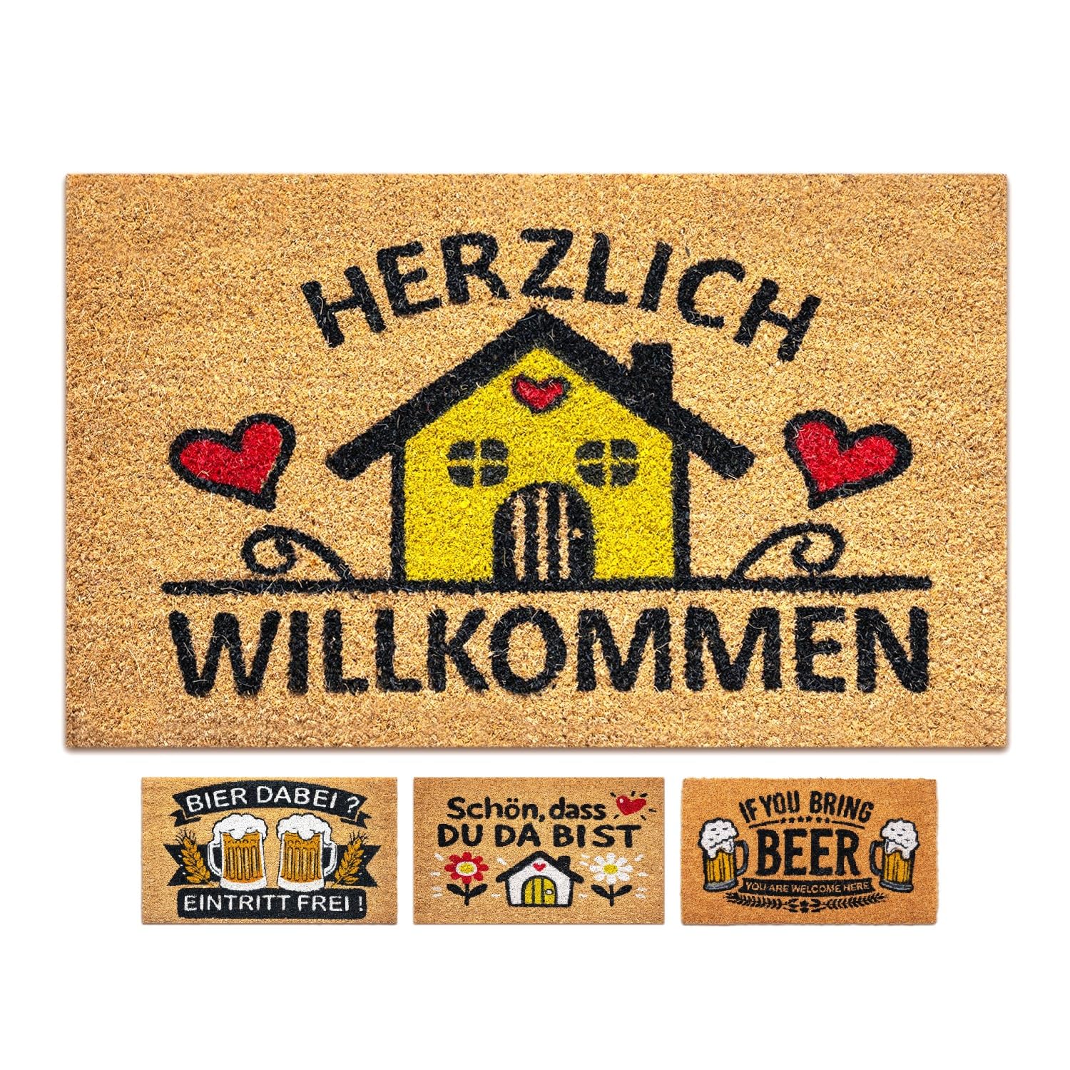 LUA VIKA Felpudo Entrada casa Originales y Divertidos, Alfombra Entrada casa Interior y Exterior, tapete Entrada casa, Felpudo Coco Natural 40x70x1,5 cm (Willkommen)