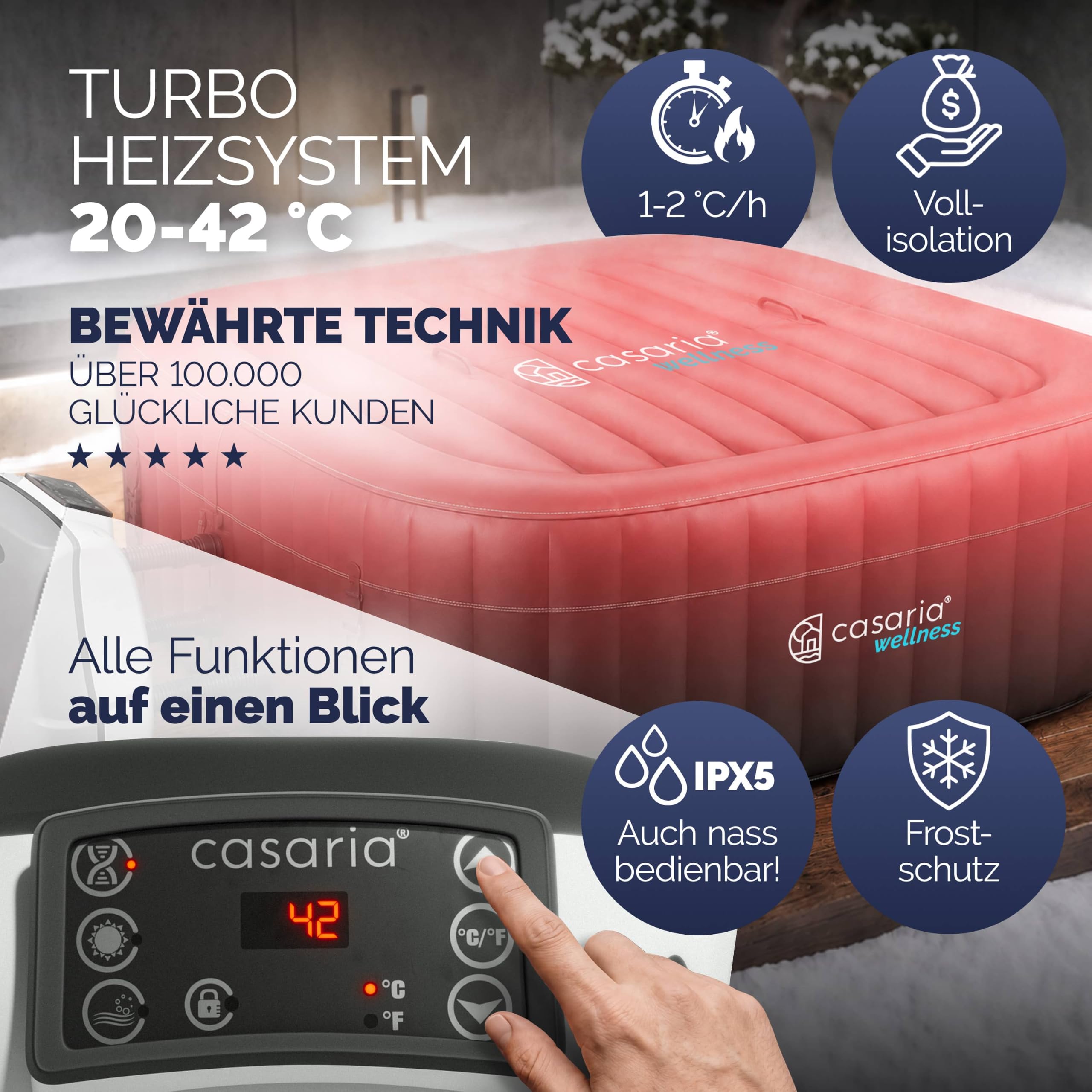 Casaria Aufblasbarer Whirlpool 178x178cm 6 Personen 140 Düsen bis 42°C Winterfest mit Frostschutz 3-lagiges PVC Spa Pool Abdeckung Filter & Zubehör Für In & Outdoor eckig