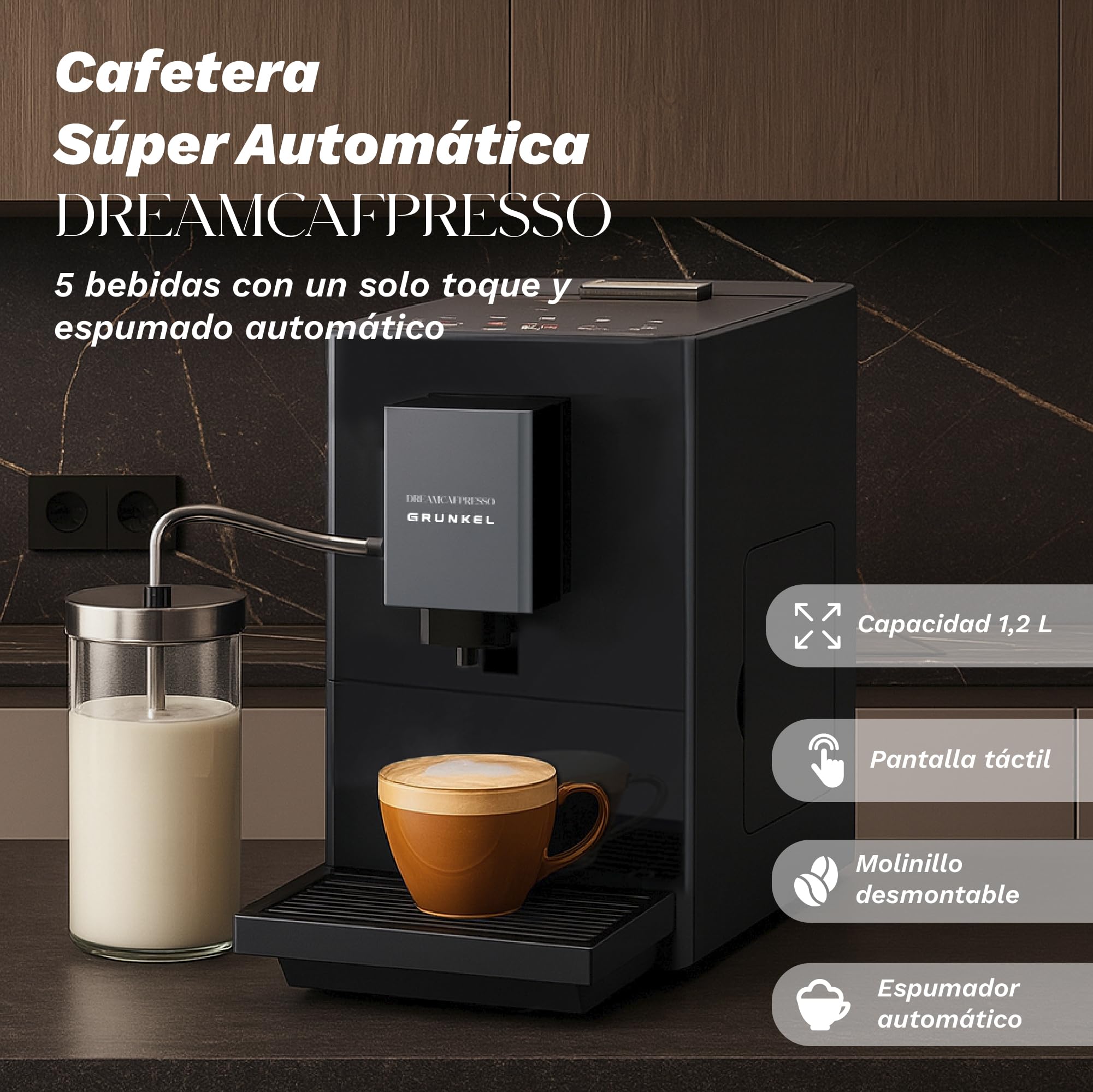 Grunkel DREAMCAFPRESSO Super automatyczny ekspres do kawy, 1,2 l, 5 napojów, ekran dotykowy, automatyczny spieniacz i podgrzewacz do mleka, zdejmowany młynek, 20 bar