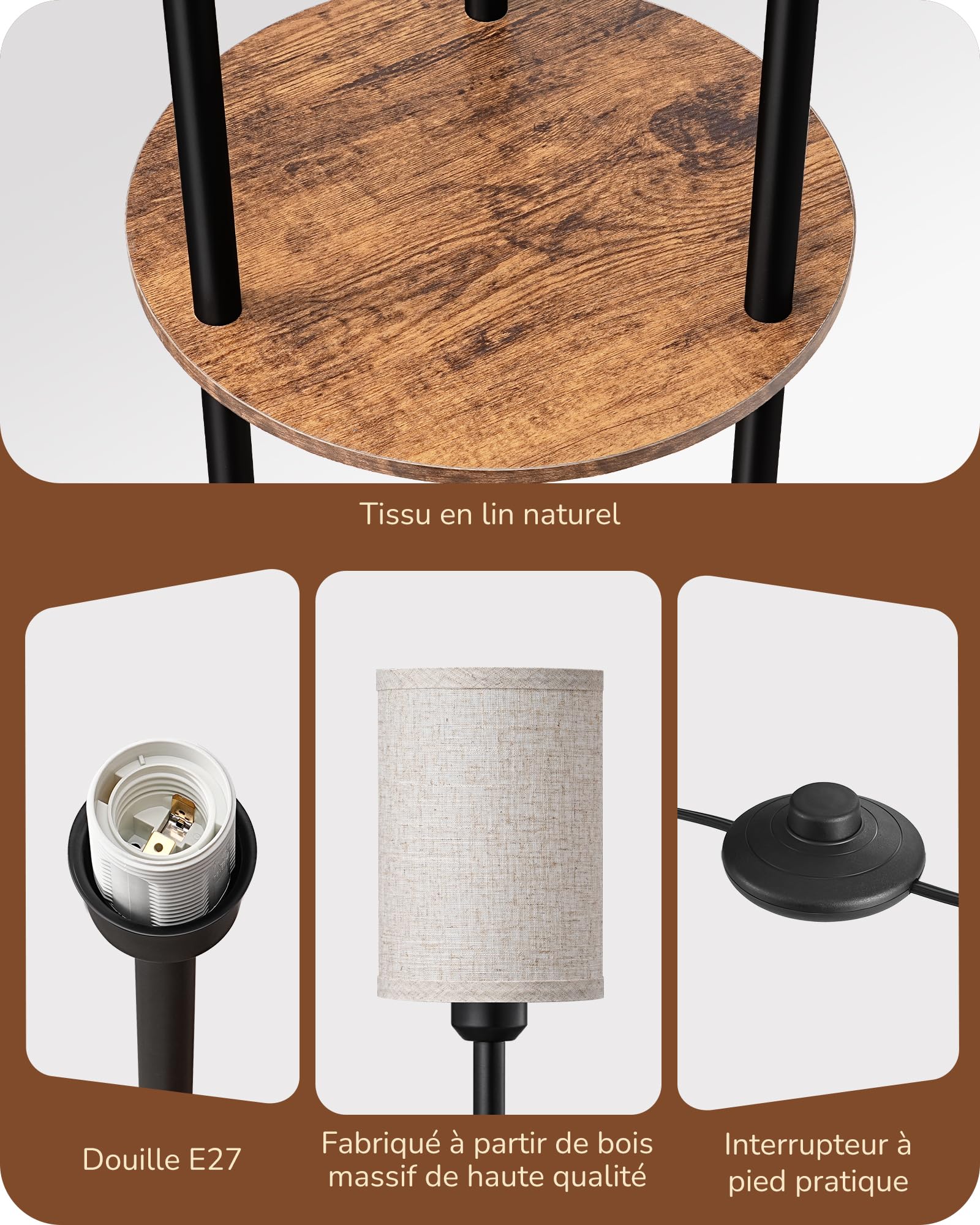 EDISHINE Lampadaire sur Pied pour Salon, Lampe sur Pied LED 3-Flamme avec Étagère et Abat-Jour en Lin, Douille E27, Ampoules Incluses, Lampe Moderne pour Chambre et Bureau, 178 cm