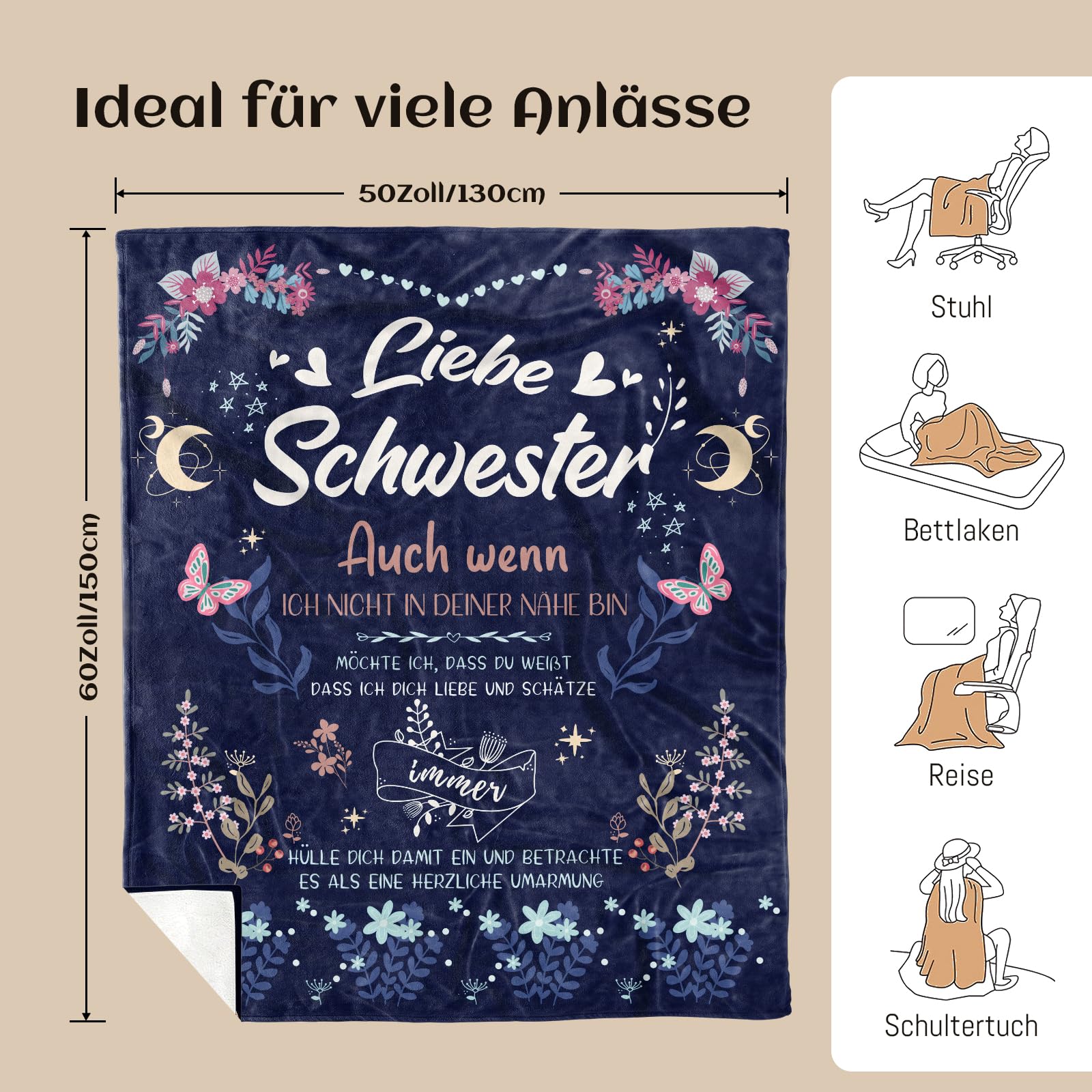 Geschenke für Schwester, Schwester Geschenk, Schwester, Schwester, Geburtstagsgeschenke, Kuscheldecken Geschenke, Schwester Decke 152cm x 127cm(Marineblau)