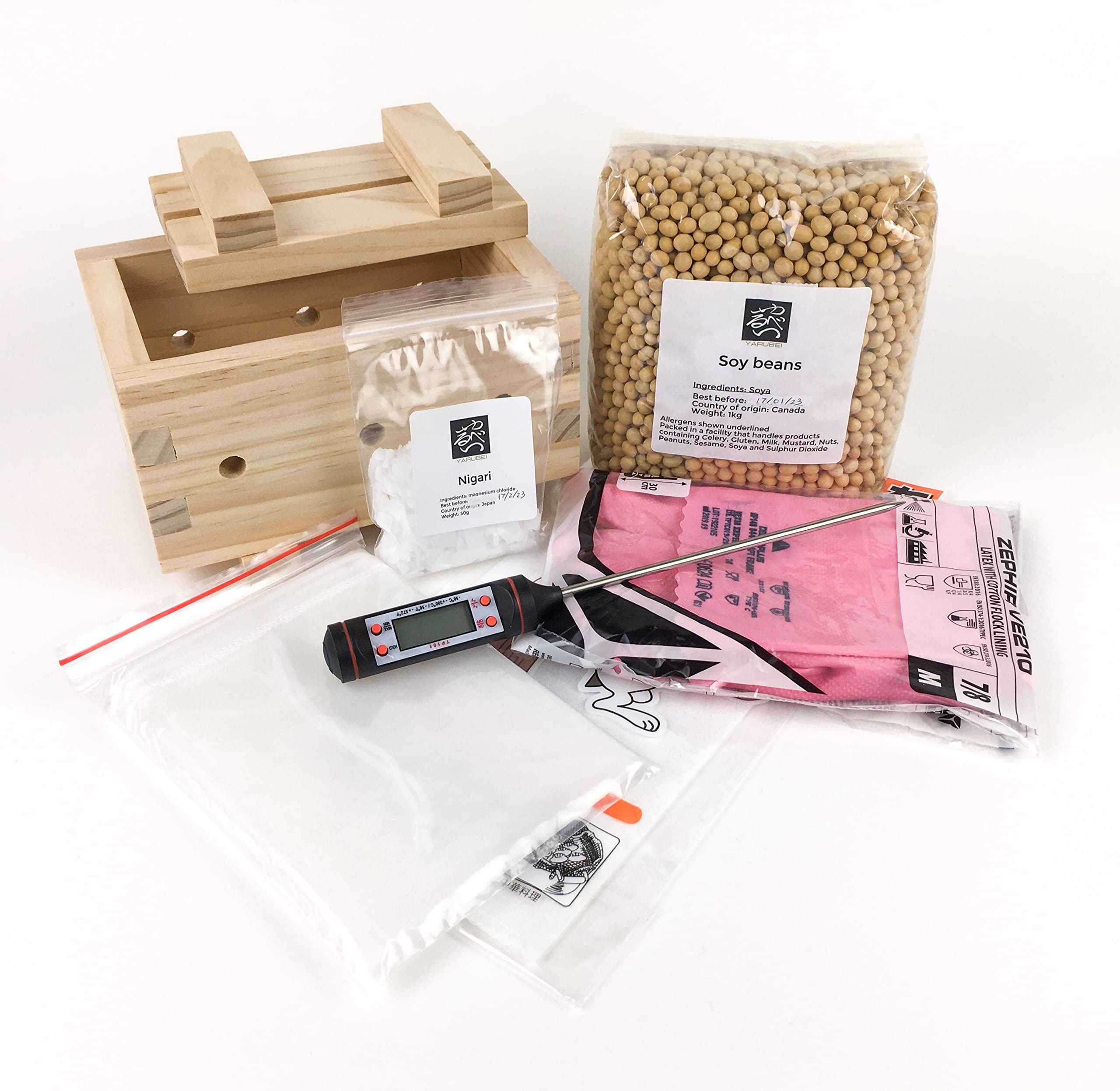 Complete tofu Making kit - tofu Press Box, Nylon nut Milk Bag, Cotton Cloth, Kitchen Thermometer, Rubber Gloves, Soy Beans and nigari. All in one kit with Instruction Leaflet