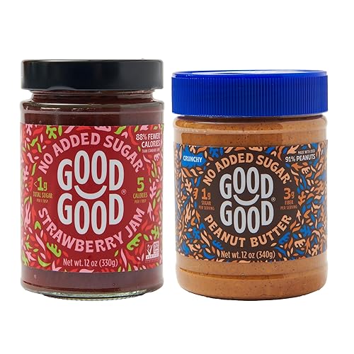 GOOD GOOD Mermelada de fresa dulce y mantequilla de maní crujiente, apta para dieta cetogénica, baja en carbohidratos y sin azúcares añadidos,