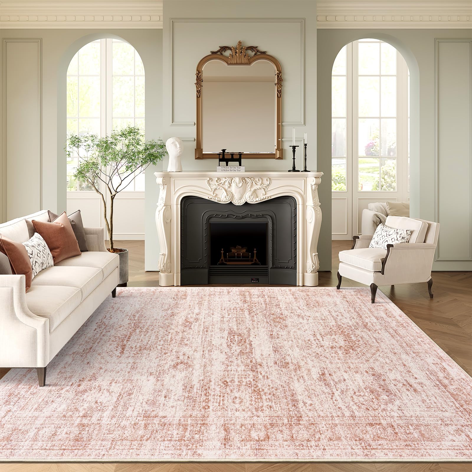 9x12 Area Rugs for Living Room, Non Slip Machine Washable Vintage Rugs, Low Pile Lightweight Large Rug for Bedroom, Dining Room, Home Office Pink