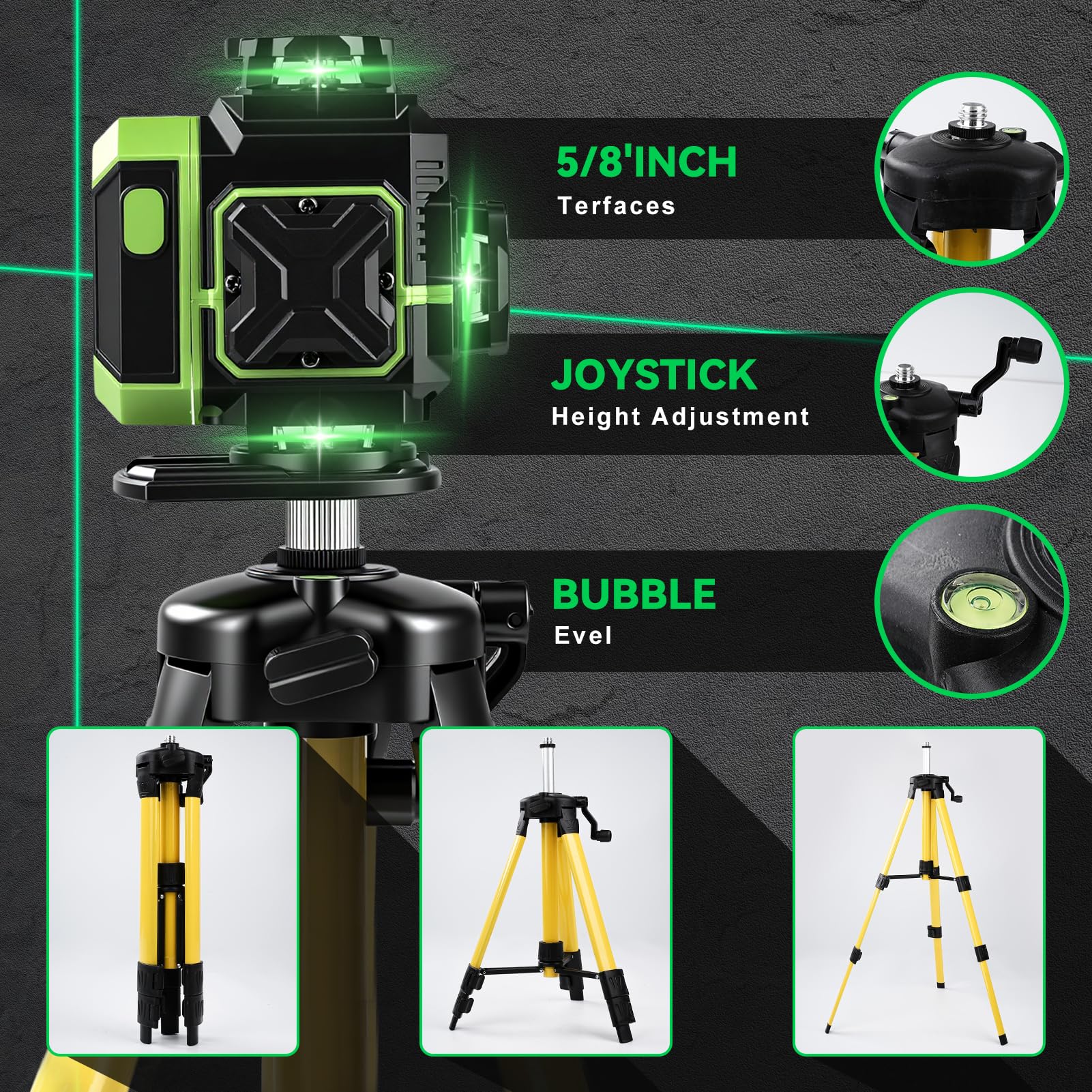 Nivel Laser Autonivelante 16 líneas 360 Grados, 4 x 360 Láser de línea con Trípode, Plataforma Elevadora y Soporte de Pared, Batería, Control Remoto, láser Cruzado Uso Interior y Exterior, verde