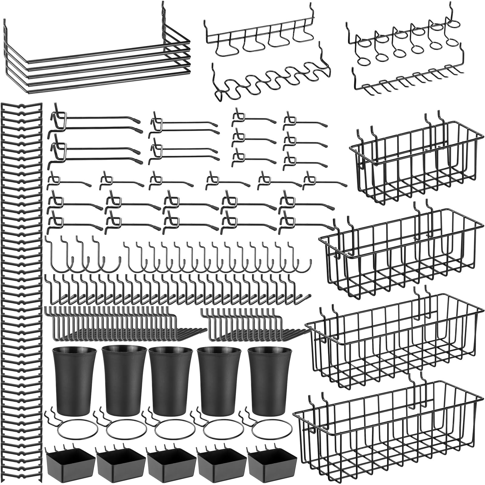 Yaocom 190 Pcs Pegboard Accessories Organizer Kit, Pegboard Baskets Bins Storage Boxes Cups 1/4 Inch Pegboard Hooks Assortment Hanging Tools for Room Office Garage Workshop Workbench Craft (Black)