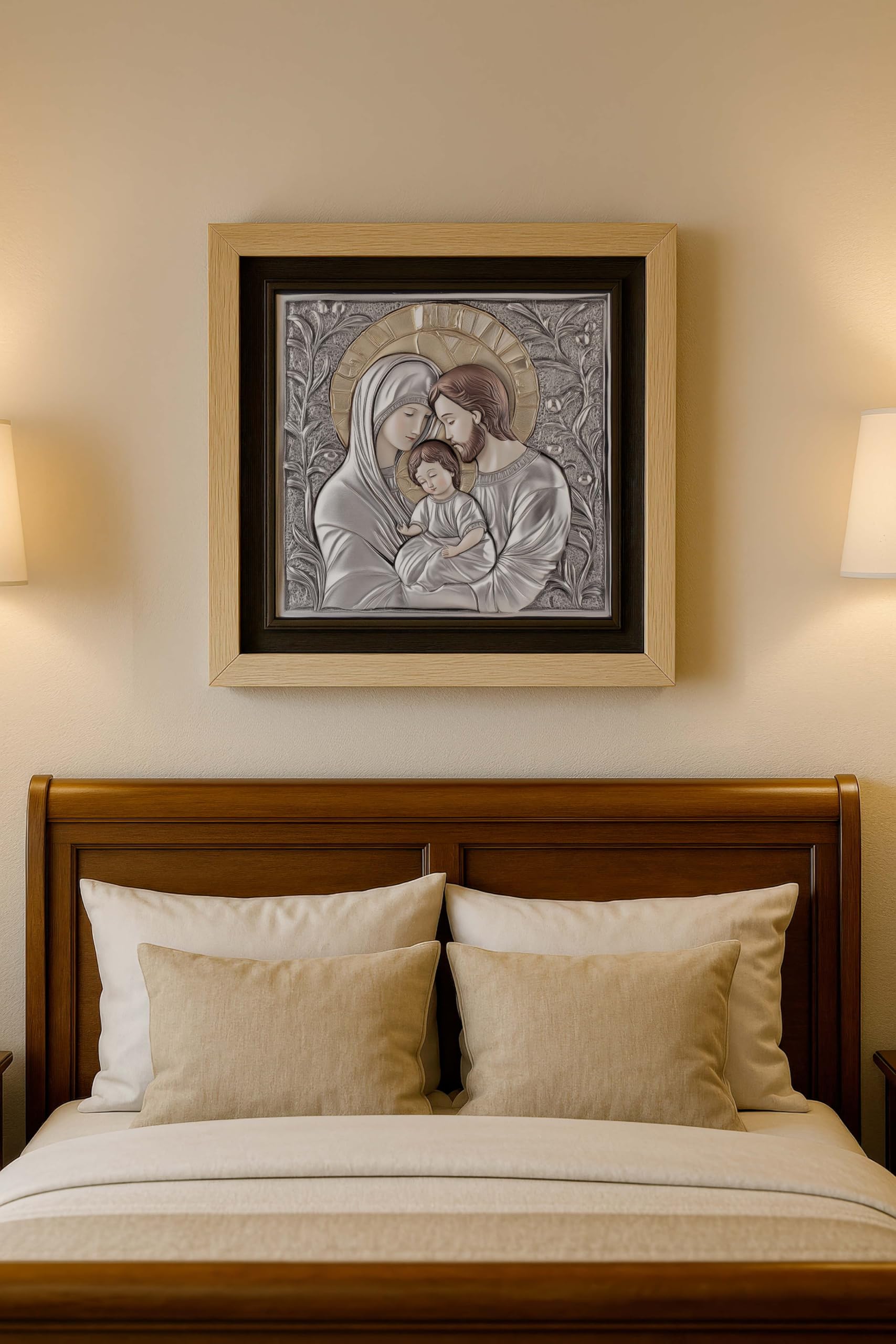 ConKrea - Stampa Religiosa Sacra Famiglia 4 con Cornice Artigianale 30x30 cm | Icona Religiosa da Parete Incorniciata | Quadro Sacro per Casa o Regalo