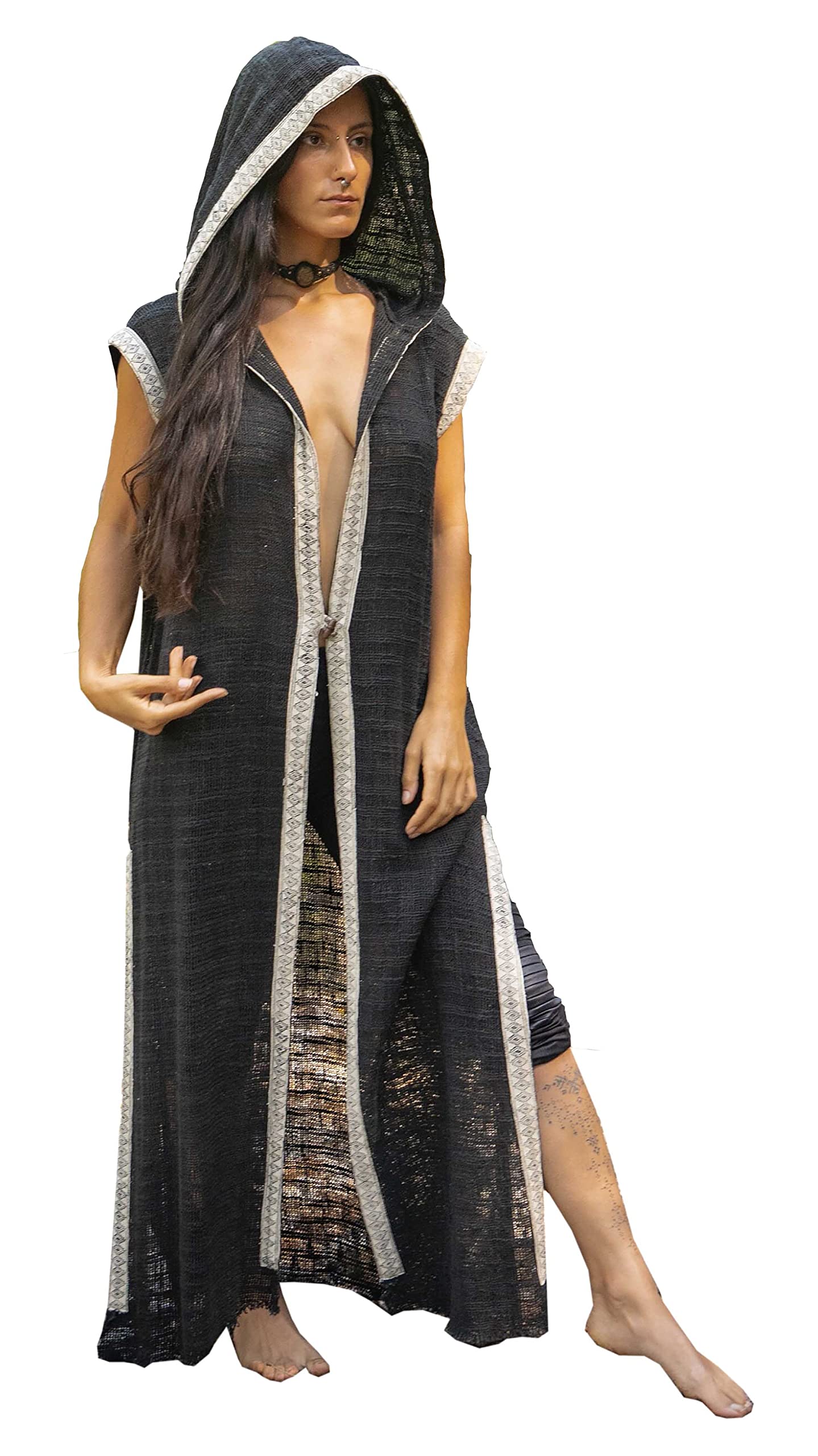 LALIKA Womens Vest Black Long Hooded Large Hood Natural Netted Cotton Festival Ceremony Tribal Dystopian Cyberpunk Steampunk Gypsy