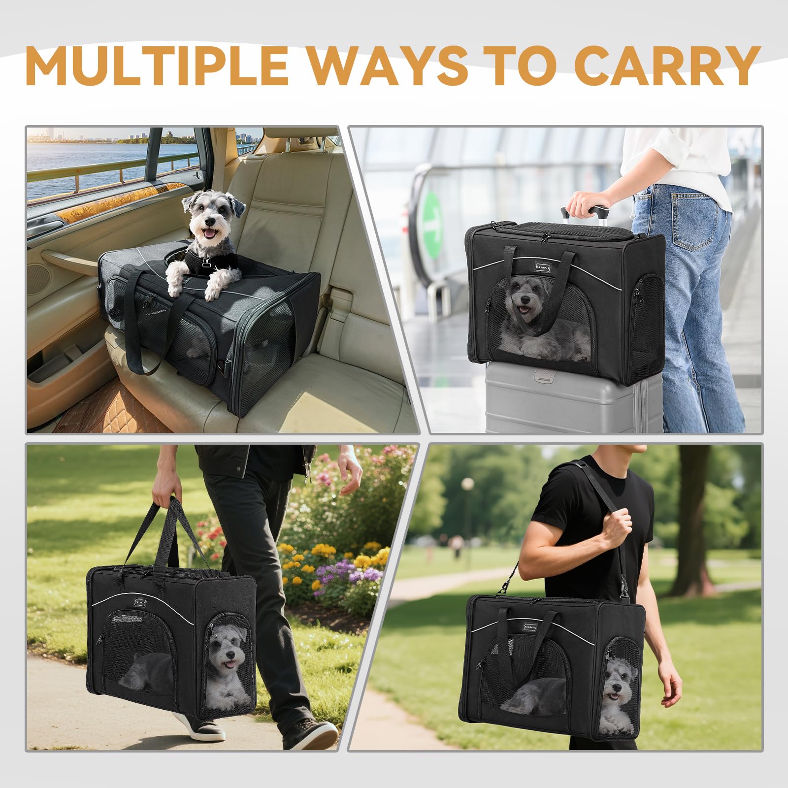 Petsfit Borsa per il trasporto di gatti e cani, aeroplano | borsa per cani e trasportino gatto | borsa aerea per animali domestici | trasporto sicuro in auto, aereo e treno, L/nero