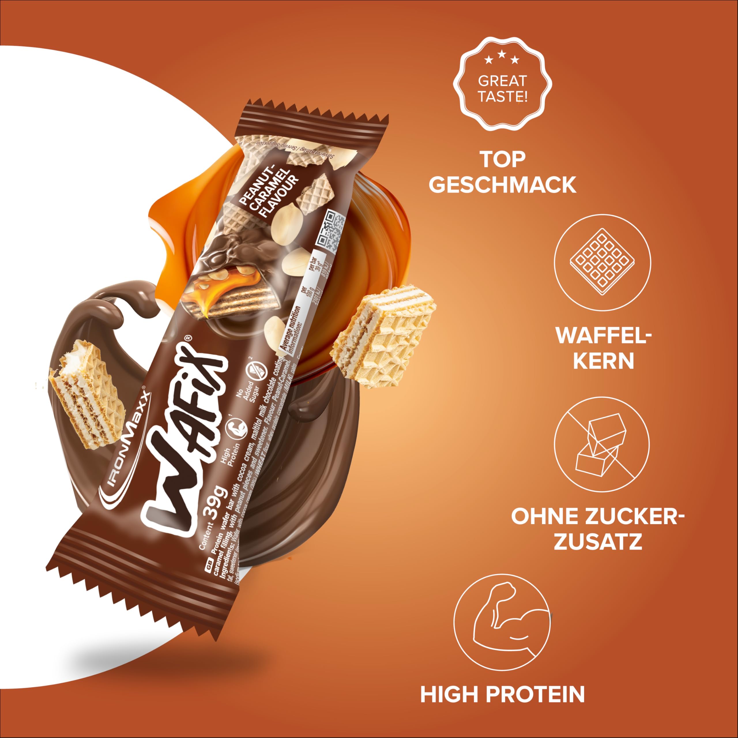 IronMaxx Wafix - Arachidi e caramello 24 x 39 g | Barretta proteica con pezzi di arachidi | A ridotto contenuto di zucchero e croccante