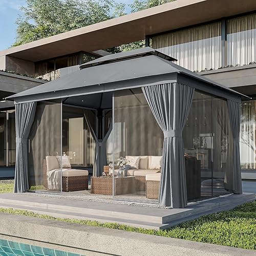 AOXUN Gazebo para exteriores para patio de 10 x 12 pulgadas, toldo con marco de metal con techo doble, tienda de campaña resistente y refugio con