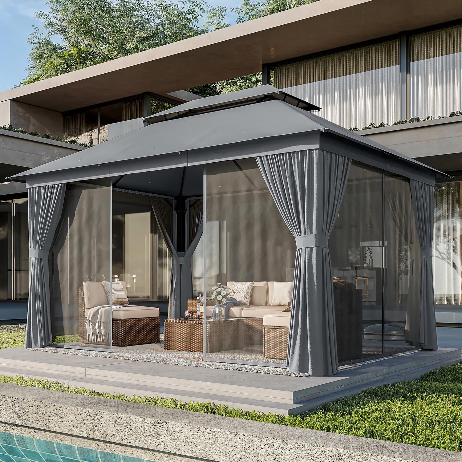 AOXUN Outdoor Gazebo for Patio 10x12, Metal Frame Canopy with Double Roofs, Heavy Duty Party Tent and Shelter with Mosquito Netting and Privacy Screen for Backyard, Lawn, Garden, Deck 10 X 12 Gray