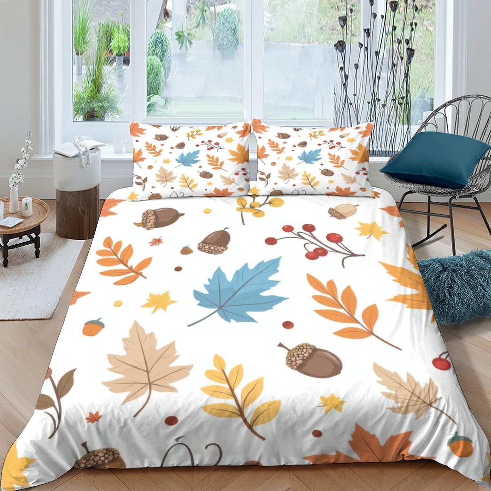 TUFRTGYHN 3D Printed Autumn Leaves Duvet Cover Microfiber Soft Breathable Acorns Bedding Set with 2 Pillowcases for Bedroom Decor Single（135x200cm）