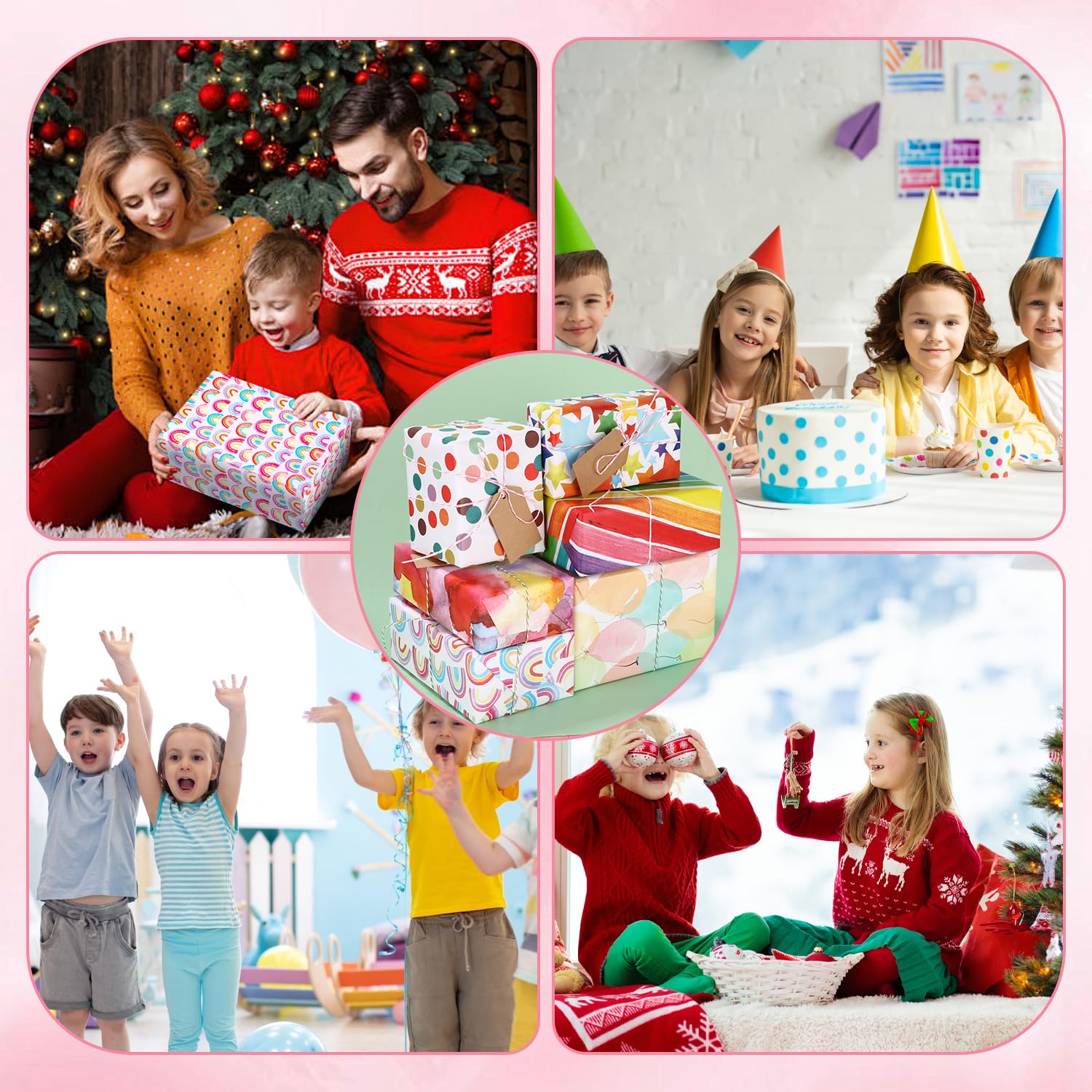 6 Rollos de Papel de Regalo 43x300cm para Navidad, Cumpleaños y Fiestas - Juego para Envolver Regalos