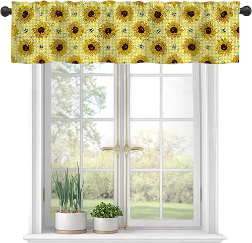 Miniatura 15 de Cortinas de cenefa para ventanas, cenefa de cortina semitransparente con estampado de flores hippie y ondas de arco iris, cenefa de ventana de