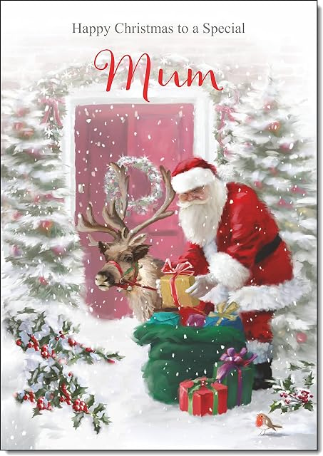 doodlecards Mum Christmas Card Santa with Parcels Medium Size with Plain Red Envelope